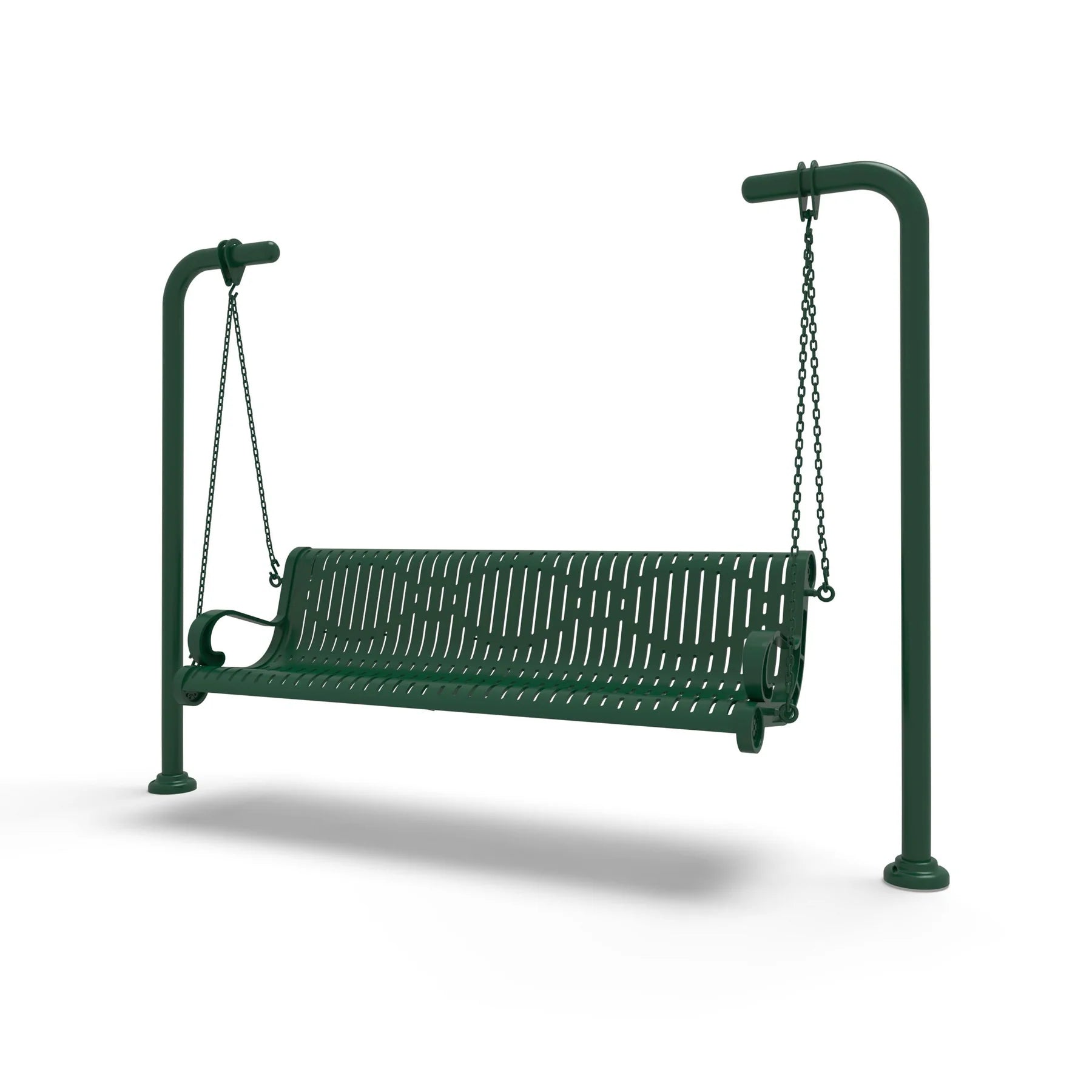 Green Wabash Valley Estate Ribbed Swing Bench, plastisol-coated steel seat on inground posts, garden swing bench