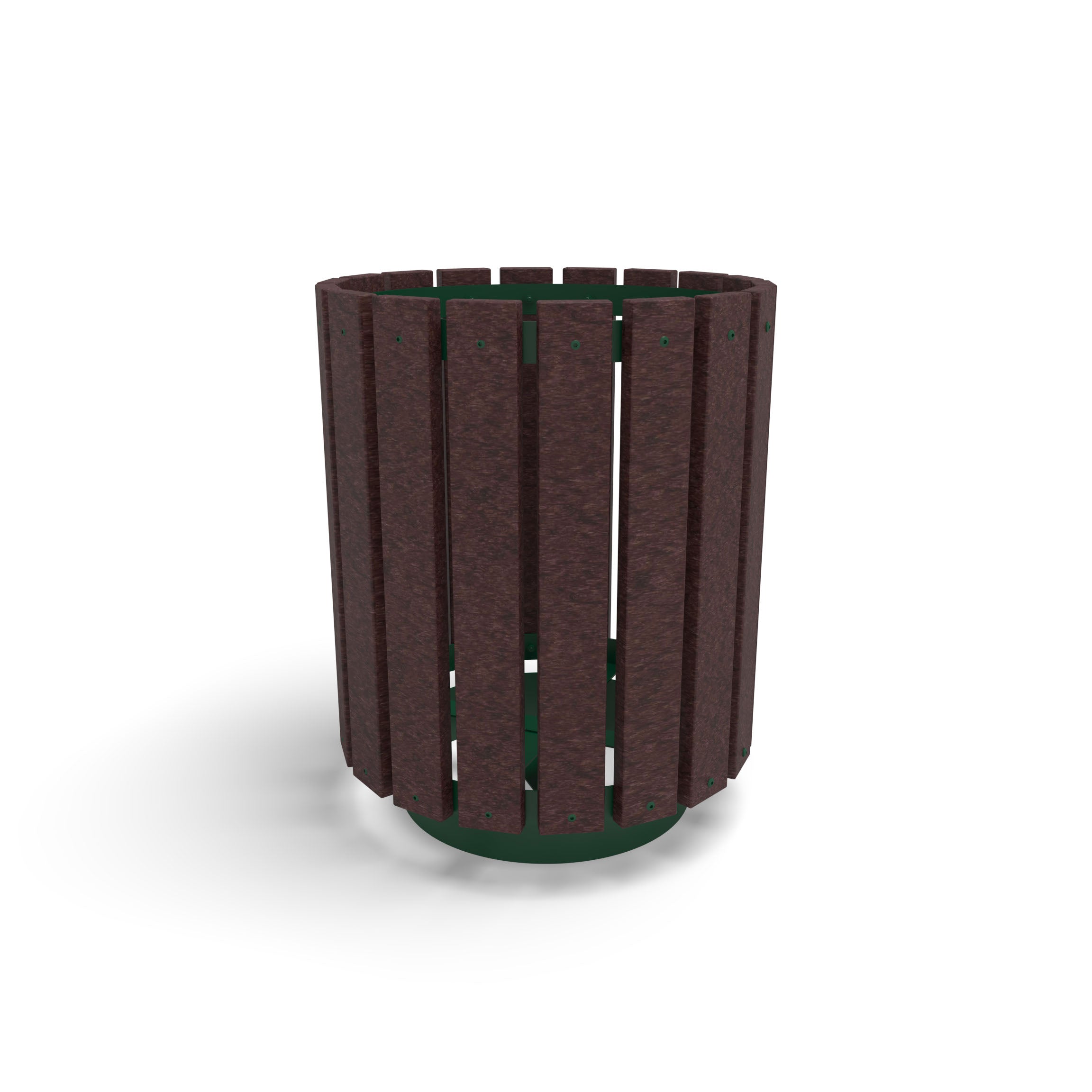 Green Wabash Valley Rinnova Trash Receptacle, Milwaukee Brown Slats, recycled plastic planks on a green powder-coated steel frame, model RV300G, recycled plastic trash receptacle