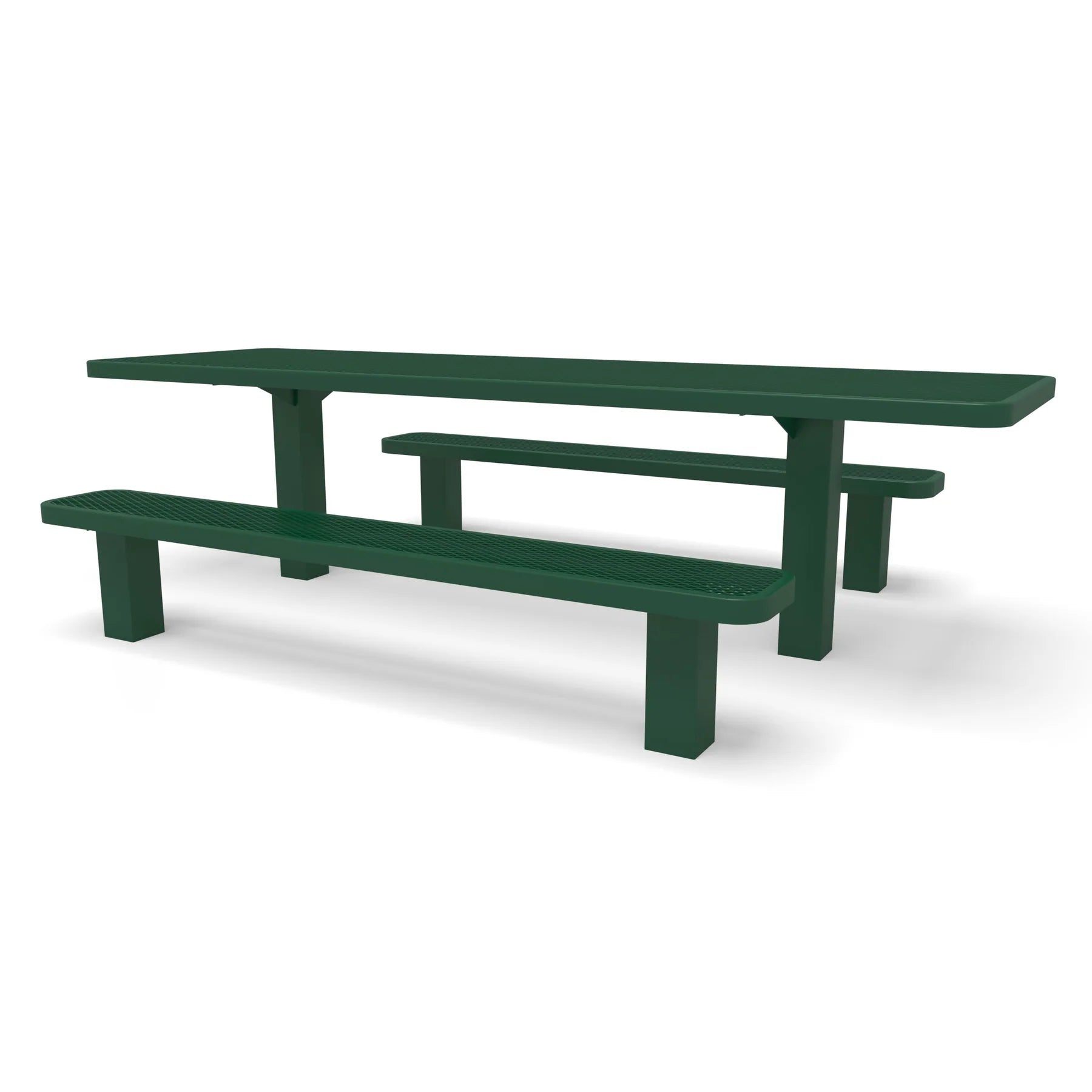 Green Wabash Valley Signature Multi-Pedestal 8 ft ADA Accessible Diamond Inground Picnic Table in plastisol-coated steel, open at both ends for wheelchair seating, model SG207D, public picnic tables