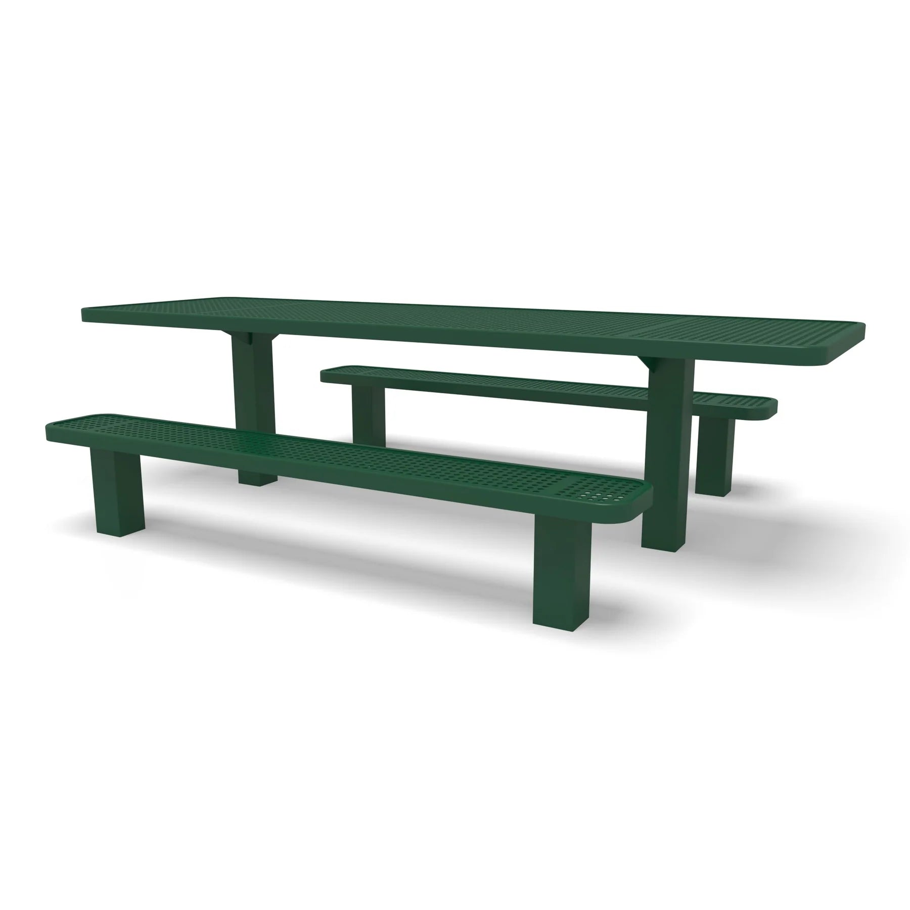 Green Wabash Valley Signature Multi-Pedestal 8 ft ADA Accessible Perforated Inground Picnic Table in plastisol-coated steel, open at both ends for wheelchair seating, model SG207P, in ground picnic table