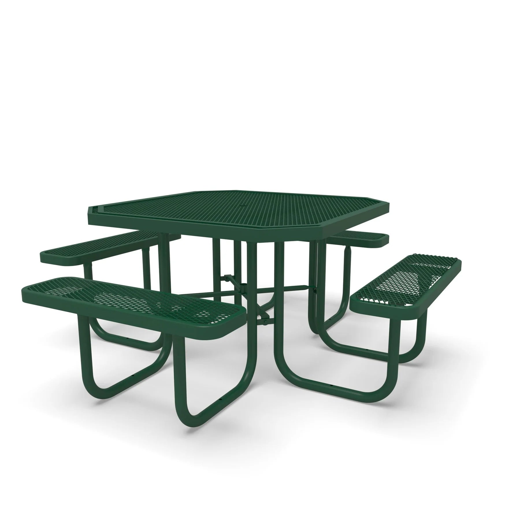 Green Wabash Valley Signature Octagon Diamond Metal Portable Picnic Table, solid green frame, top and seats, plastisol-coated steel, outdoor dining table with umbrella hole
