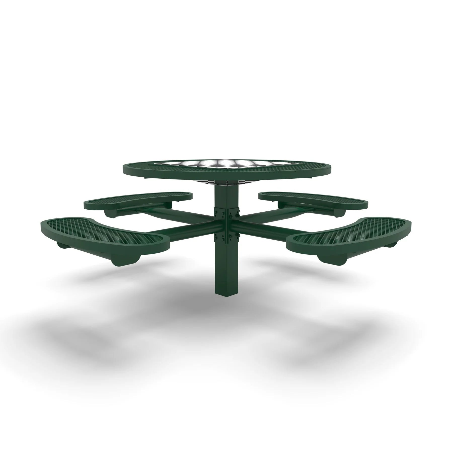 Green Wabash Valley Signature Round Pedestal Picnic Table, Diamond, Chessboard - 4 Seats - Inground, in plastisol-coated steel, model SP210D, park chess table