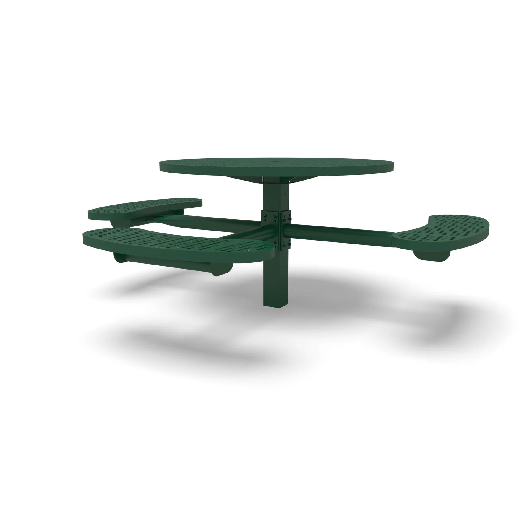 Green Wabash Valley Signature Round Pedestal Picnic Table, Perforated, Standard - ADA Accessible - Inground, in plastisol-coated steel, model SG250P, round outdoor metal table