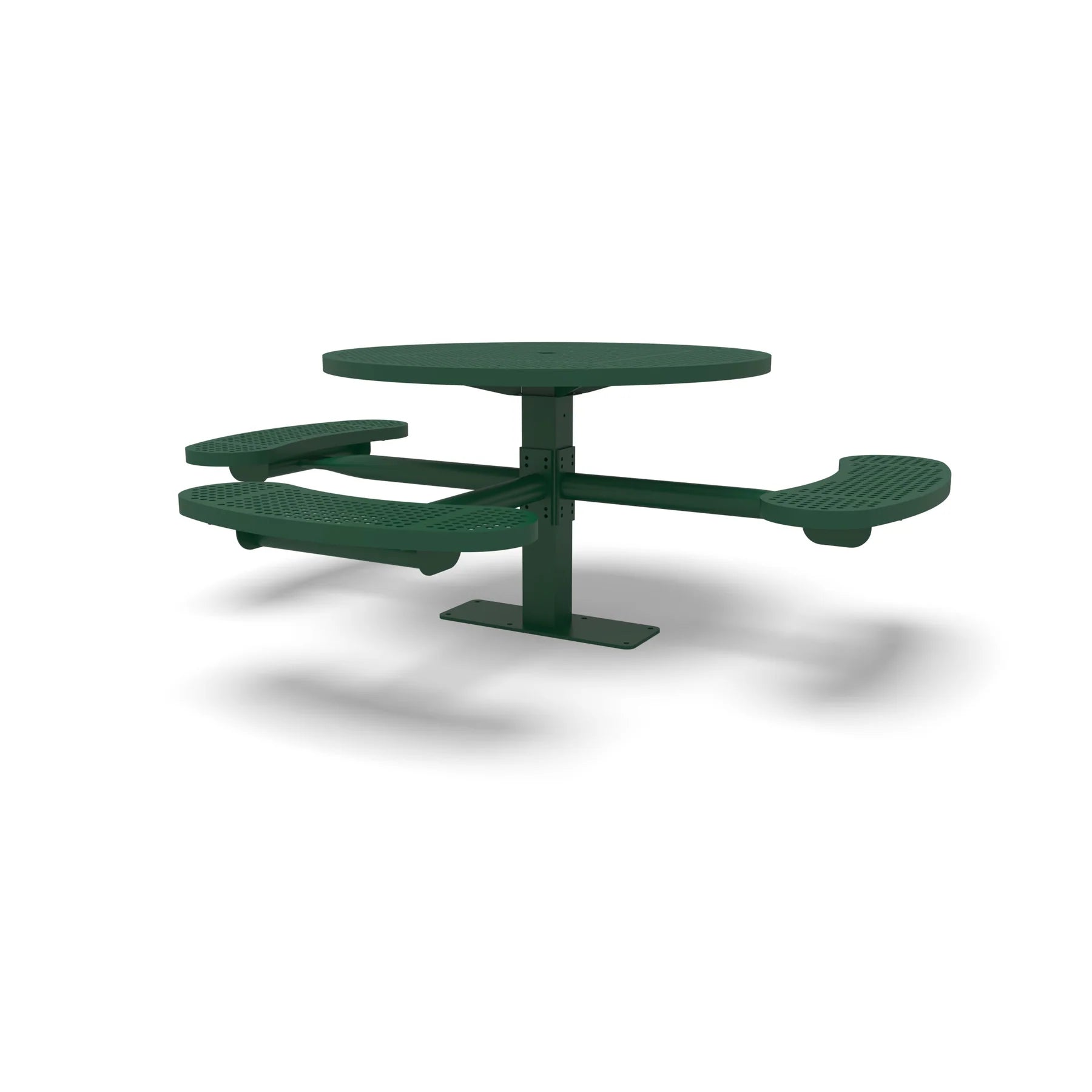 Green Wabash Valley Signature Round Pedestal Picnic Table, Perforated, Standard - ADA Accessible - Surface Mount, in plastisol-coated steel, model SG249P, round outdoor metal table
