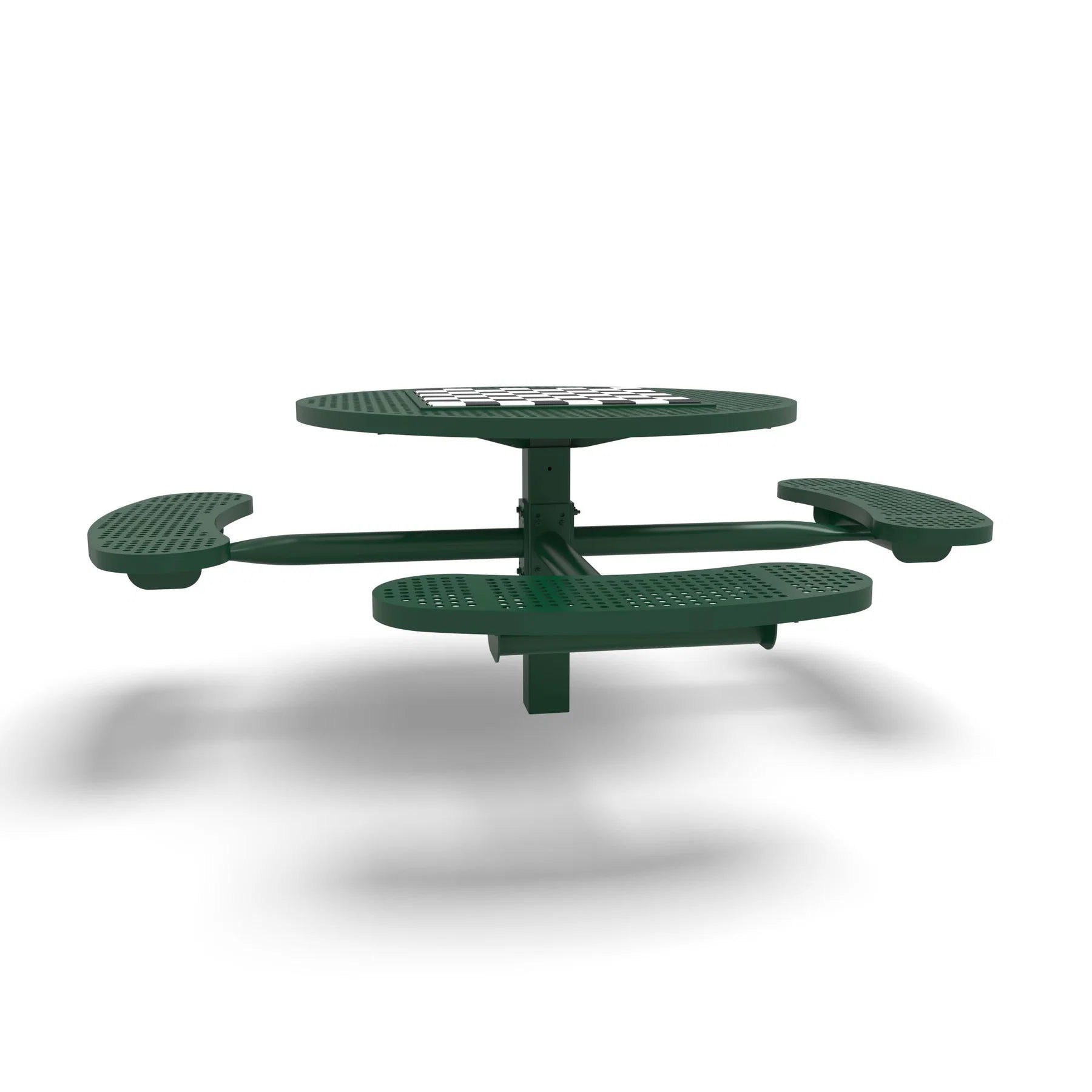 Green Wabash Valley Signature Round Pedestal Picnic Table, Perforated, Chessboard - ADA Accessible - Inground, in plastisol-coated steel, model SP215P, outdoor chess board