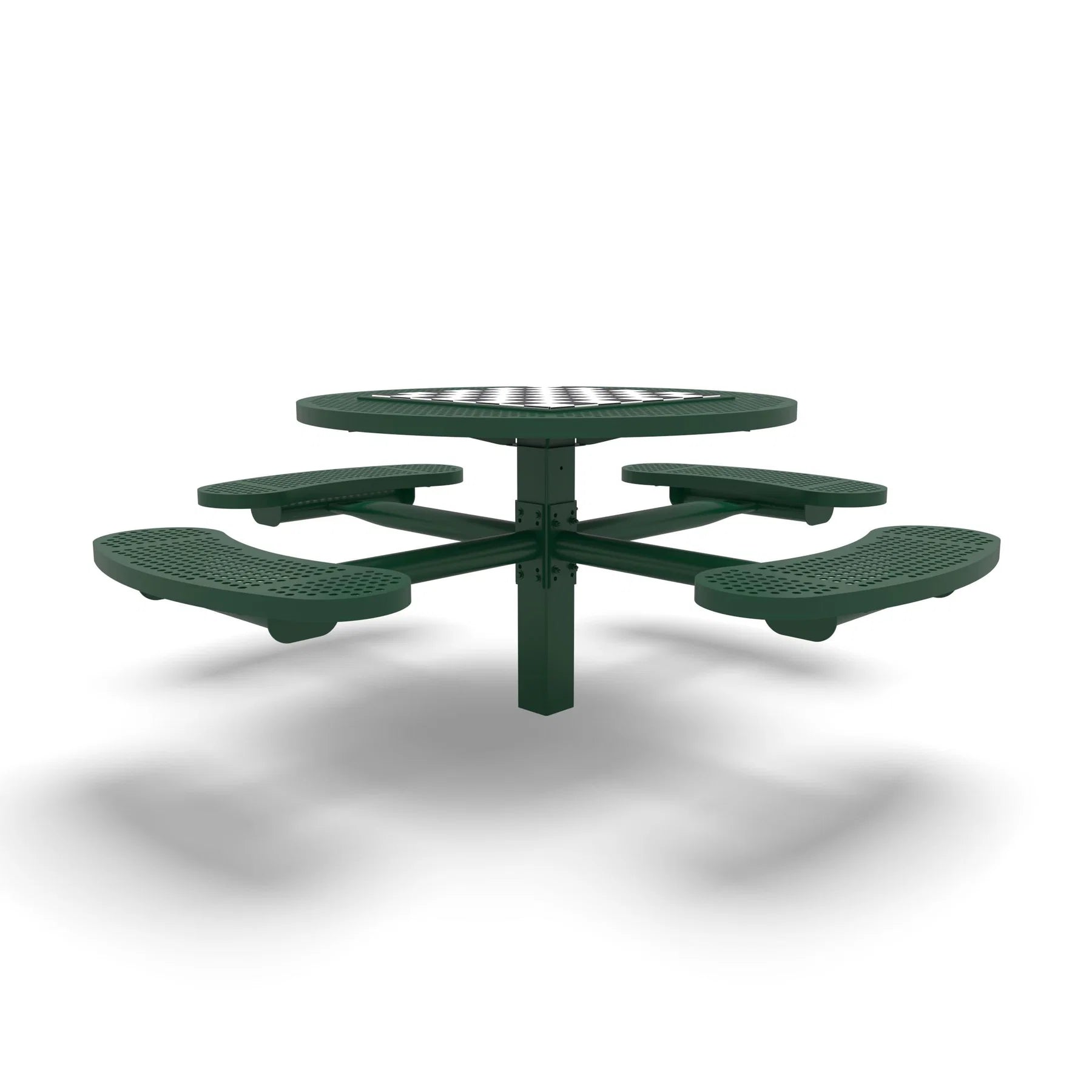 Green Wabash Valley Signature Round Pedestal Picnic Table, Perforated, Chessboard - 4 Seats - Inground, in plastisol-coated steel, model SP210P, outdoor chess board