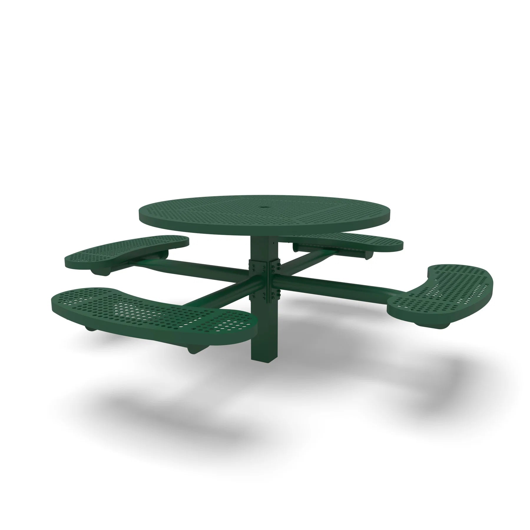 Green Wabash Valley Signature Round Pedestal Picnic Table, Perforated, Standard - 4 Seats - Inground, in plastisol-coated steel, model SG245P, round outdoor dining table for 4