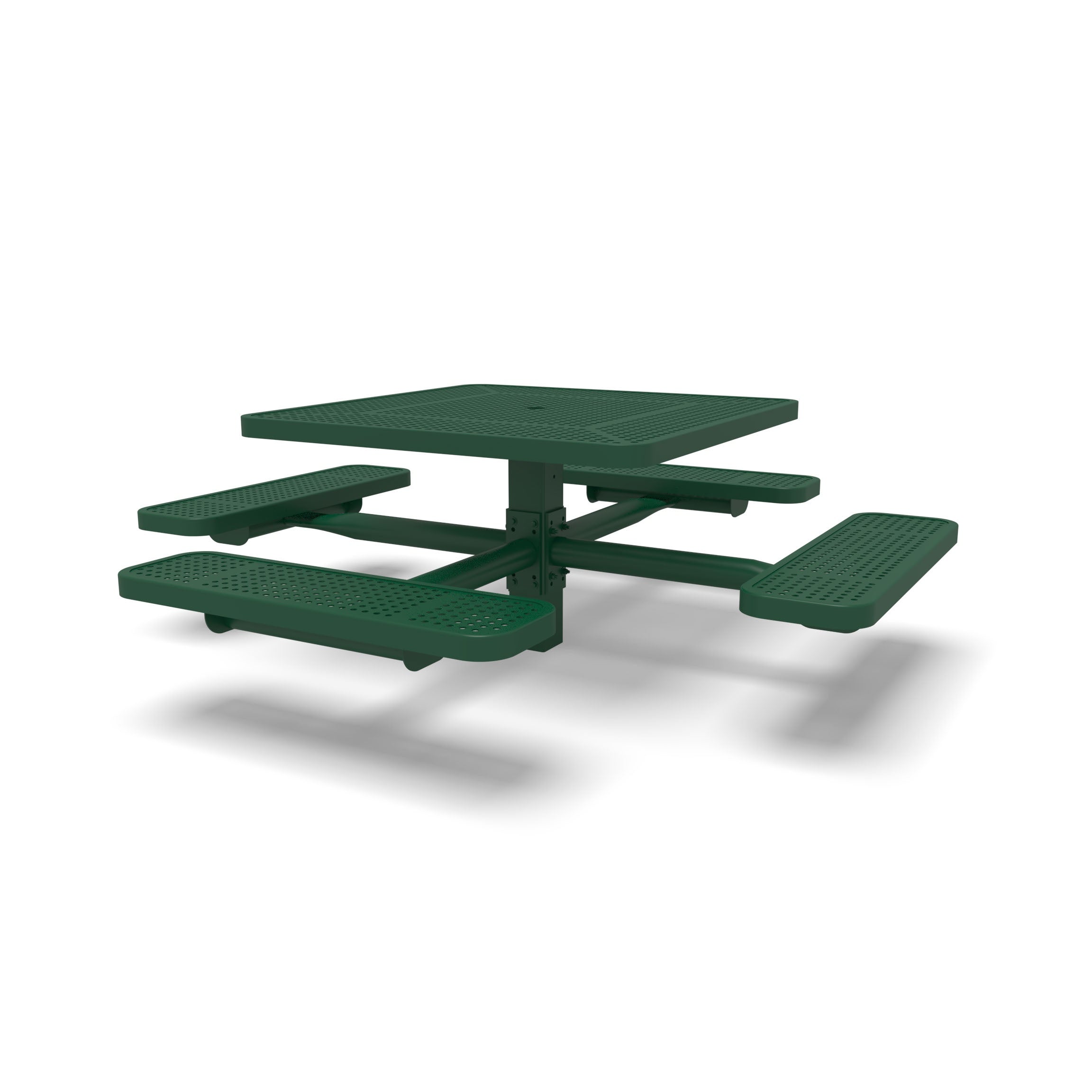 Green Wabash Valley Signature Square Pedestal Picnic Table, Perforated, Standard - 4 Seats - Inground - 40 Inch, in plastisol-coated steel, model SG215P, 40 inch square table