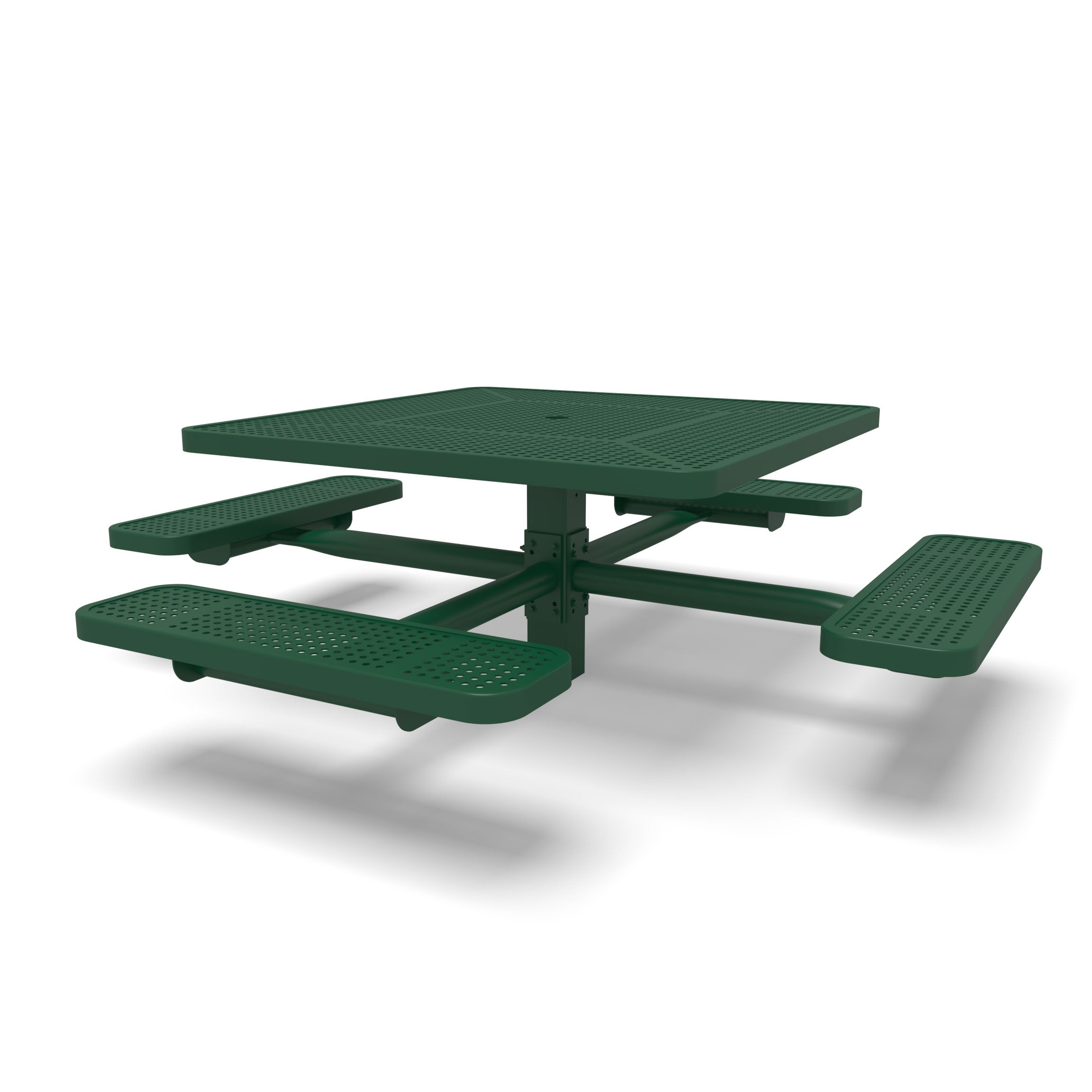 Green Wabash Valley Signature Square Pedestal Picnic Table, Perforated, Standard - 4 Seats - Inground - 46 Inch, in plastisol-coated steel, model SG230P, business patio furniture