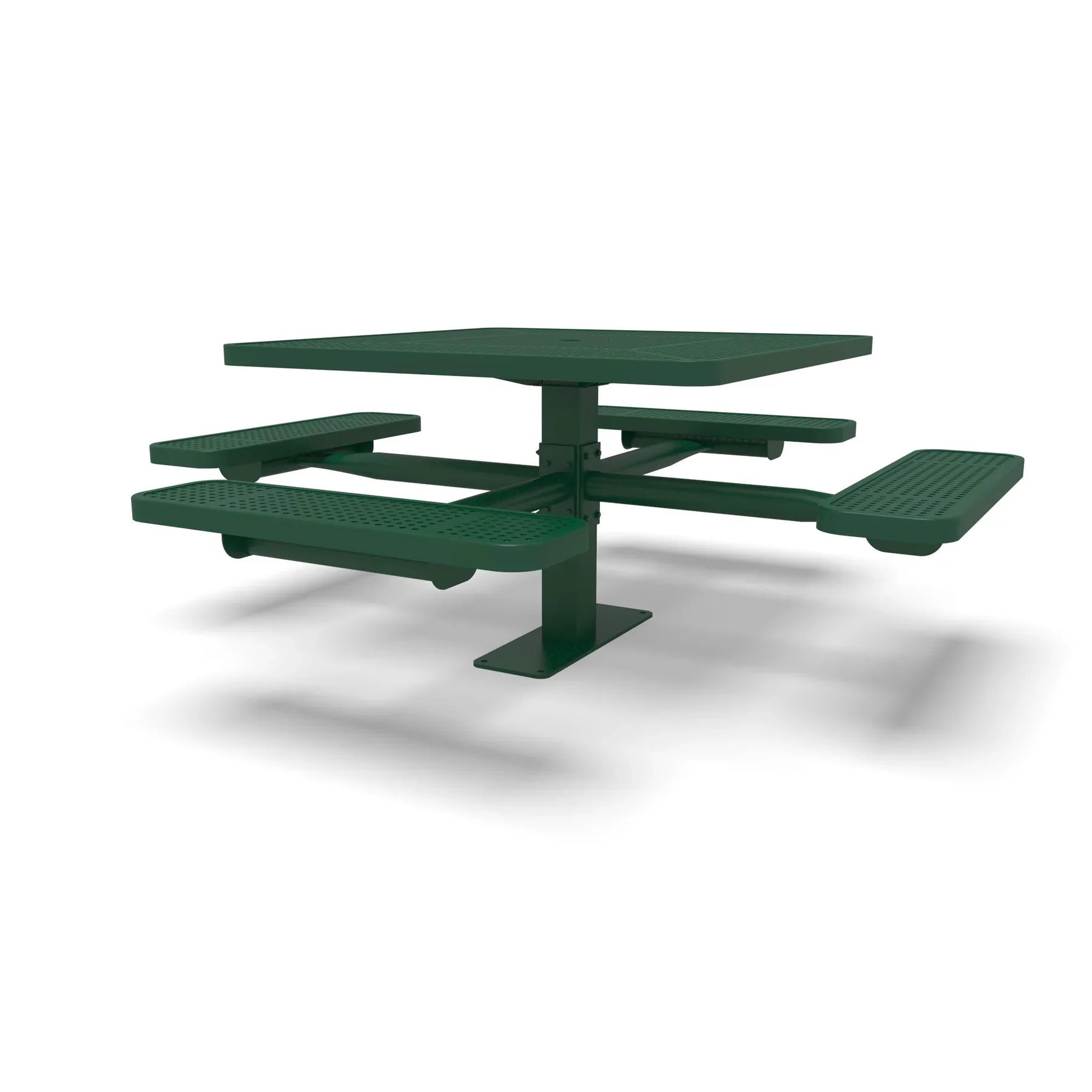 Green Wabash Valley Signature Square Pedestal Picnic Table, Perforated, Standard - 4 Seats - Surface Mount - 46 Inch, in plastisol-coated steel, model SG229P, square metal patio table