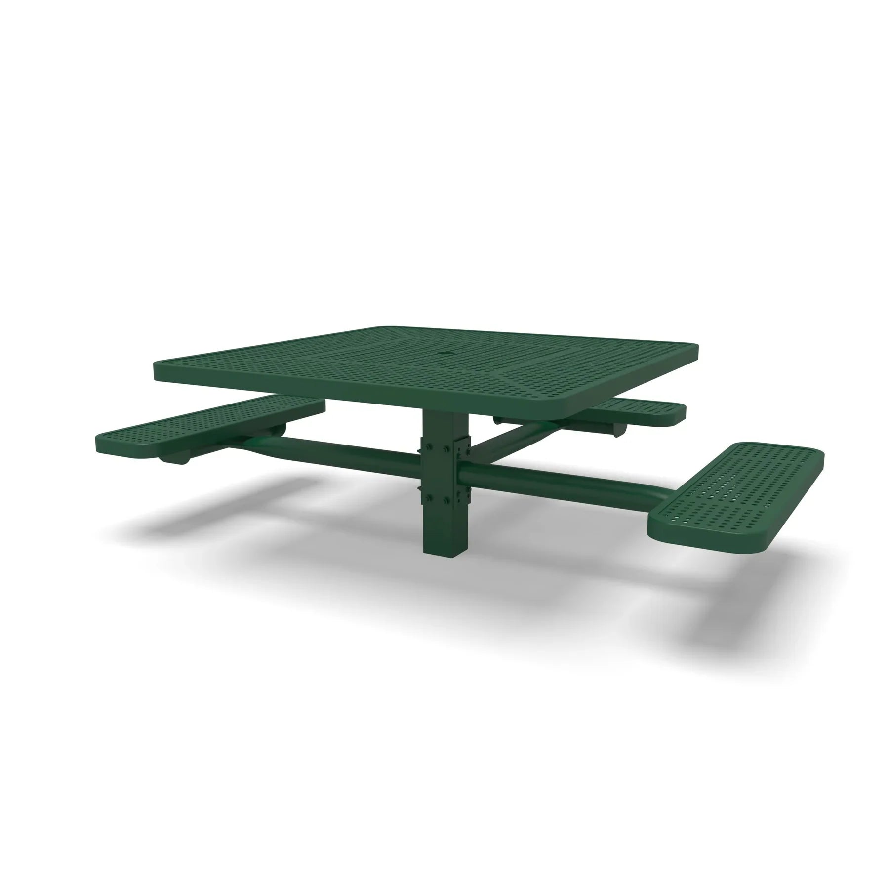Green Wabash Valley Signature Square Pedestal Picnic Table, Perforated, Standard - ADA Accessible - Inground - 46 Inch, in plastisol-coated steel, model SG235P, business patio furniture