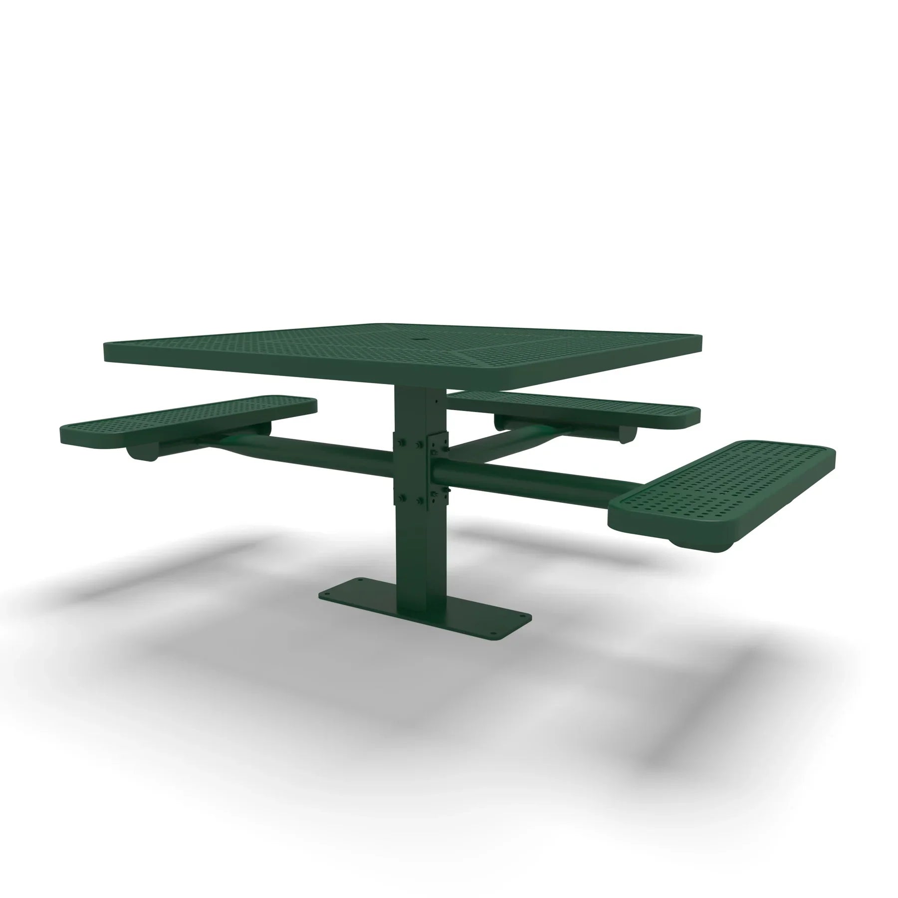 Green Wabash Valley Signature Square Pedestal Picnic Table, Perforated, Standard - ADA Accessible - Surface Mount - 46 Inch, in plastisol-coated steel, model SG234P, square outdoor dining table