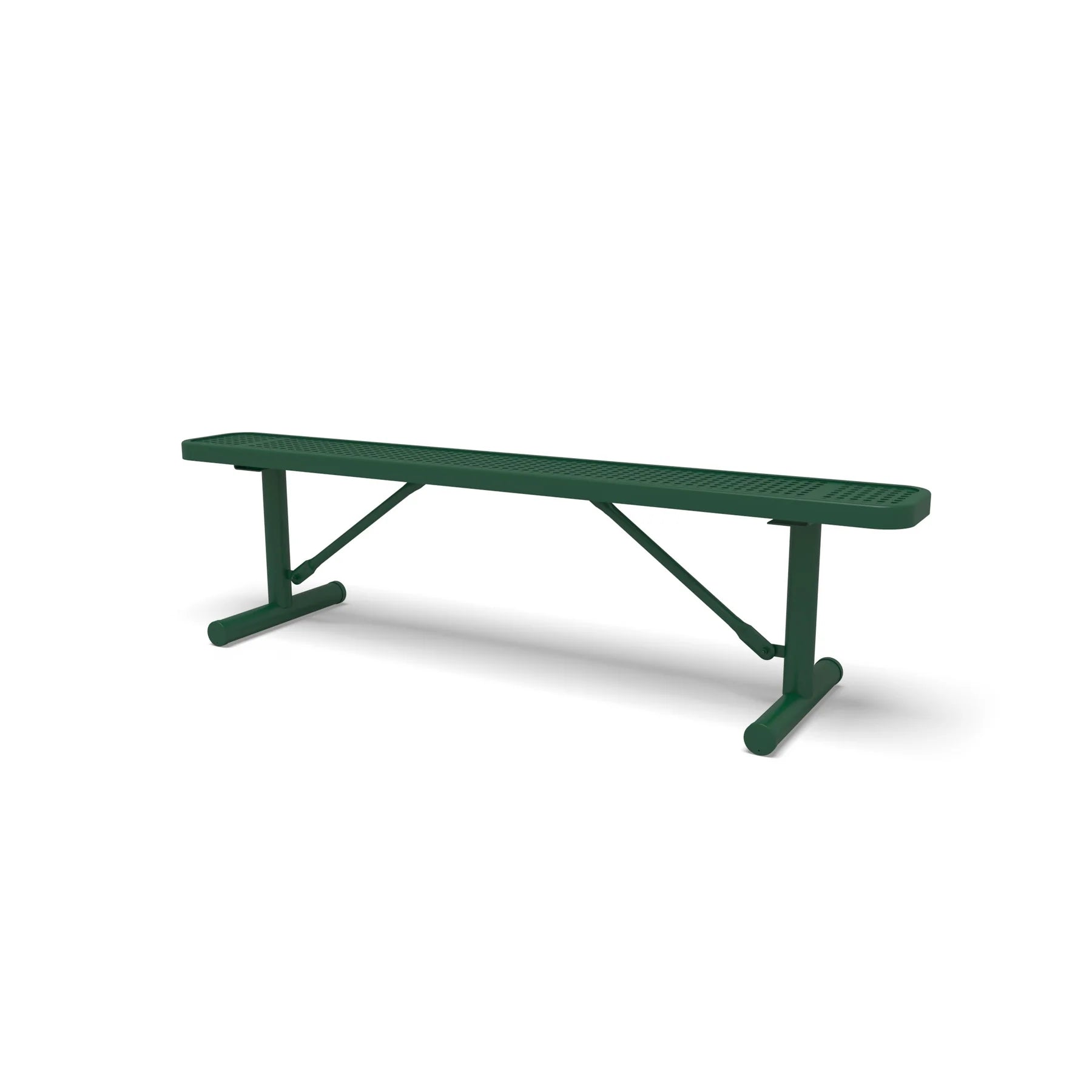 Green Wabash Valley Signature Steel Backless Bench, Perforated, 6' Portable with braced legs, solid green, plastisol-coated steel, outdoor seating bench