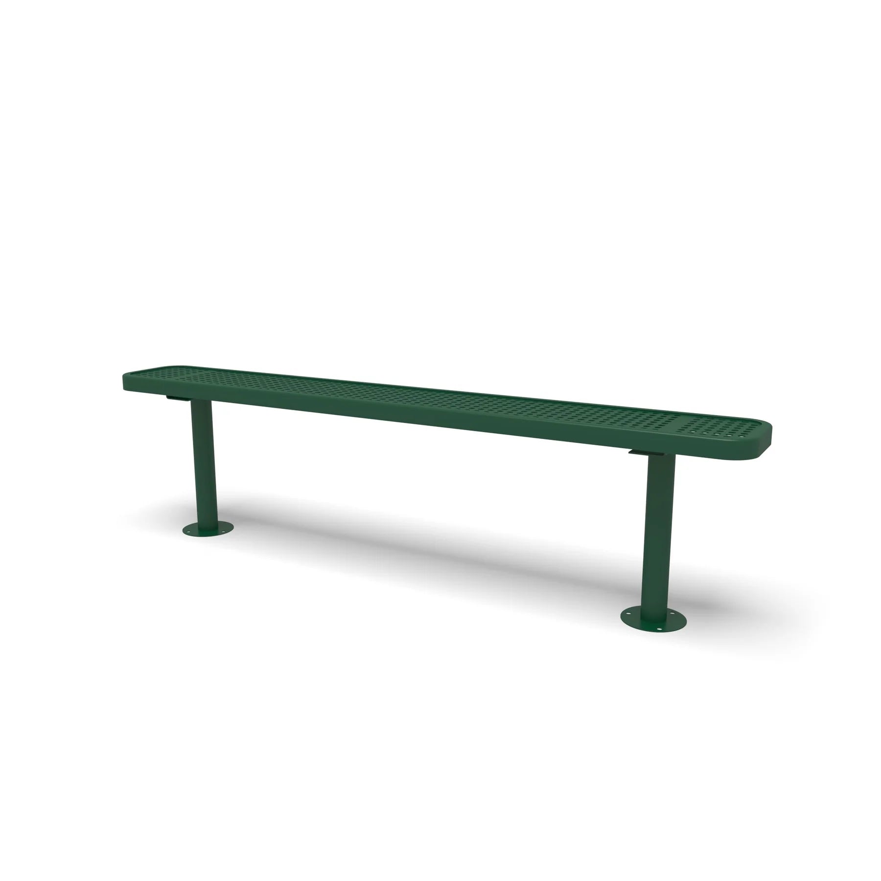 Green Wabash Valley Signature Steel Backless Bench, Perforated, 6' Surface Mount base plates, solid green, plastisol-coated steel, outdoor bench without back