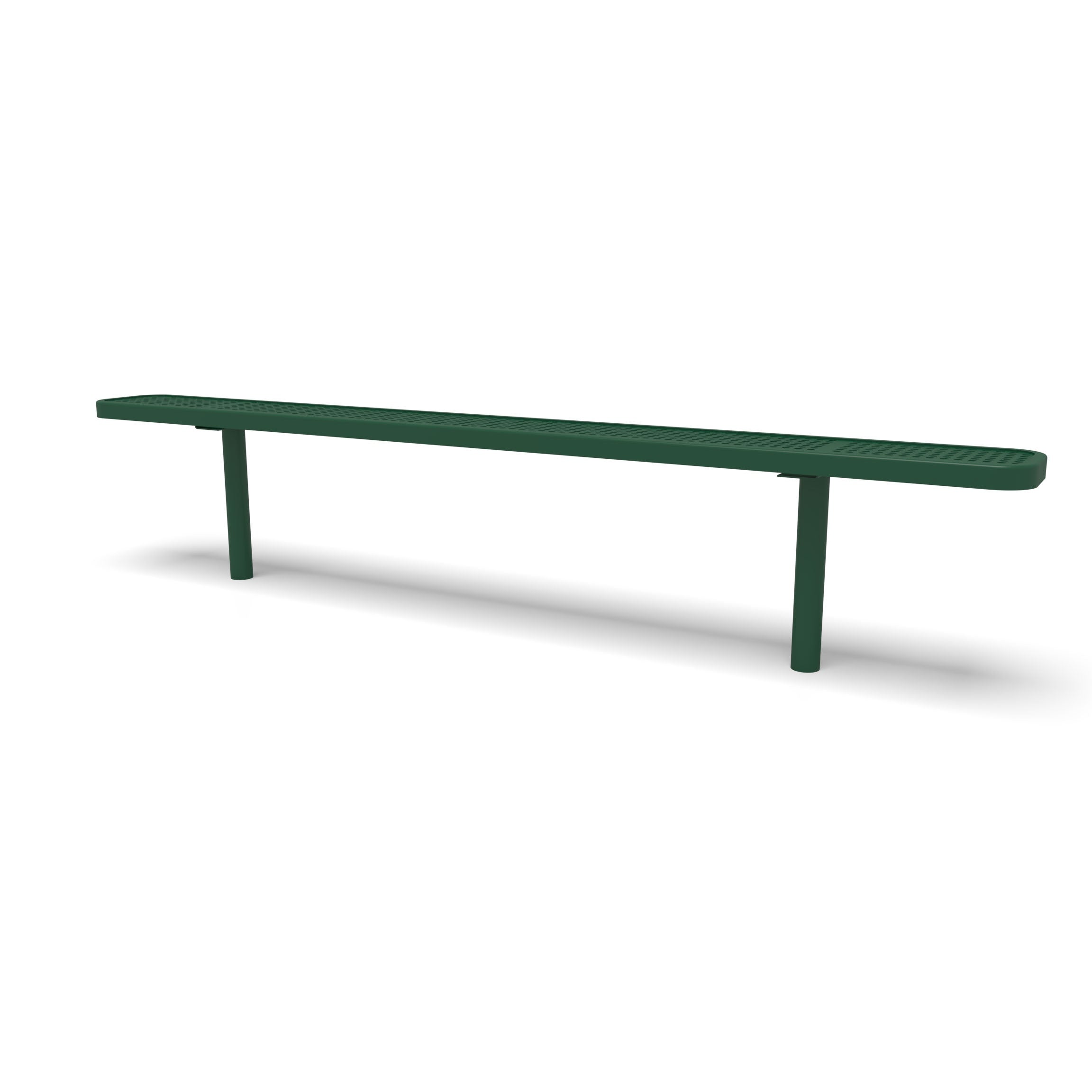 Green Wabash Valley Signature Steel Backless Bench, Perforated, 8' Inground posts, solid green, plastisol-coated steel, long outdoor bench