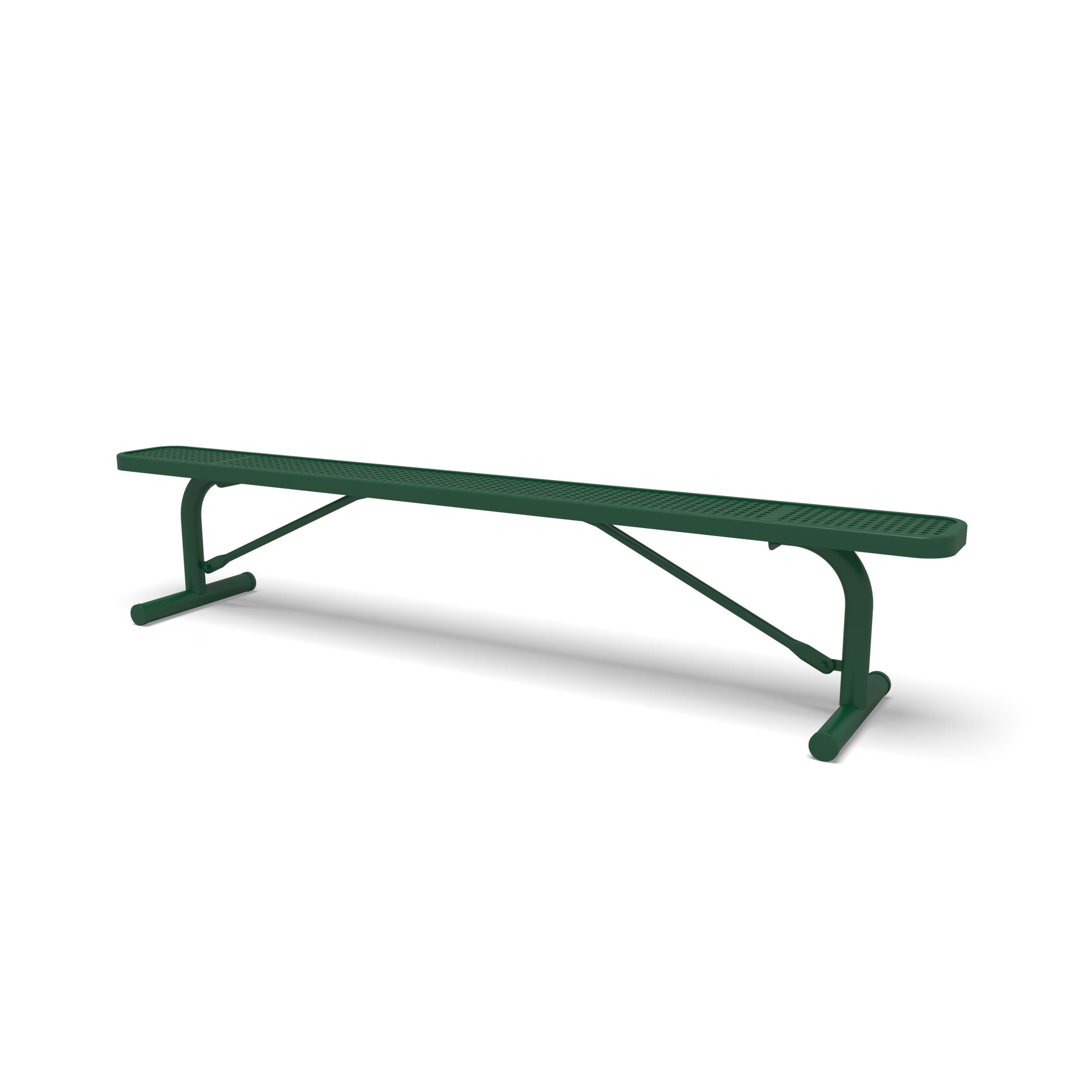 Green Wabash Valley Signature Steel Backless Bench, Perforated, 8' Portable with braced legs, solid green, plastisol-coated steel, 8 foot bench