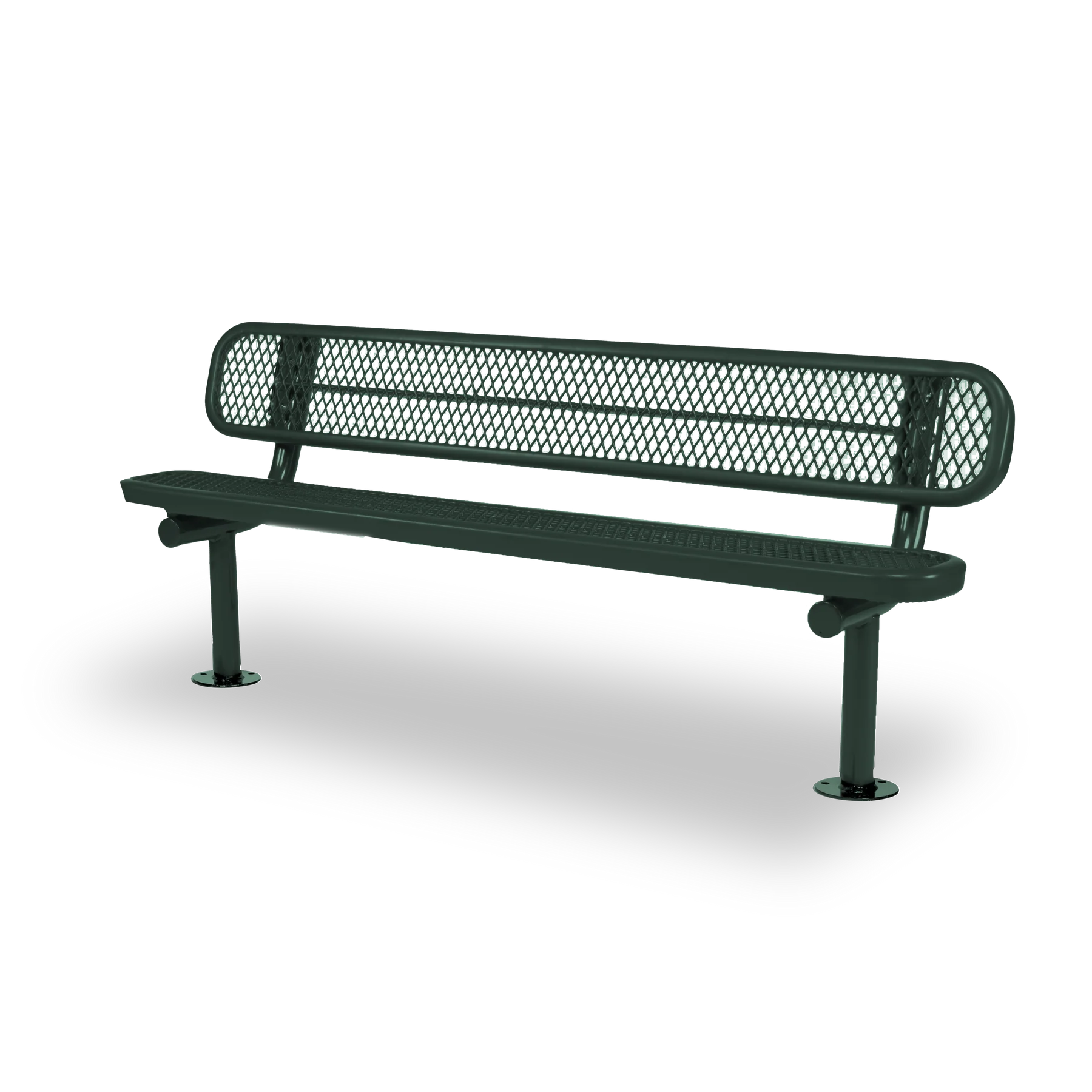 Green Wabash Valley Signature Steel Bench, Diamond seat and back, Surface Mount base plates, metal bench with back