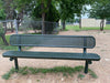 Green Wabash Valley Signature Steel Bench, Perforated seat and back, Inground legs, front view at an elementary school, outdoor bench with back