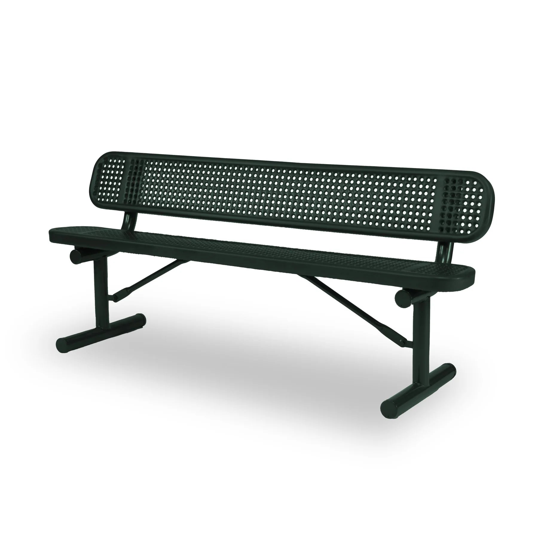 Green Wabash Valley Signature Steel Bench, Perforated seat and back, portable frame with braces, commercial benches