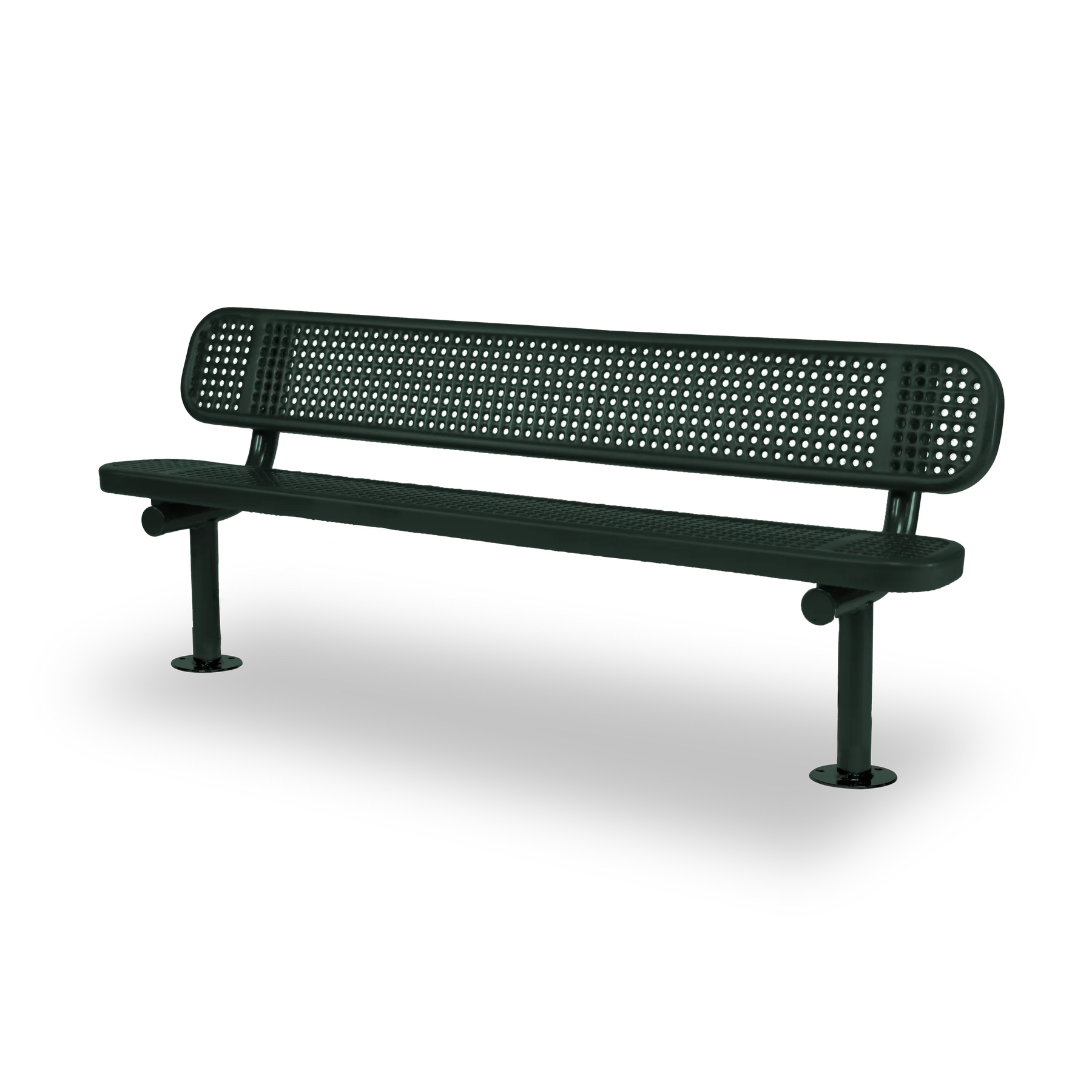Green Wabash Valley Signature Steel Bench, Perforated seat and back, Surface Mount base plates, perforated metal bench
