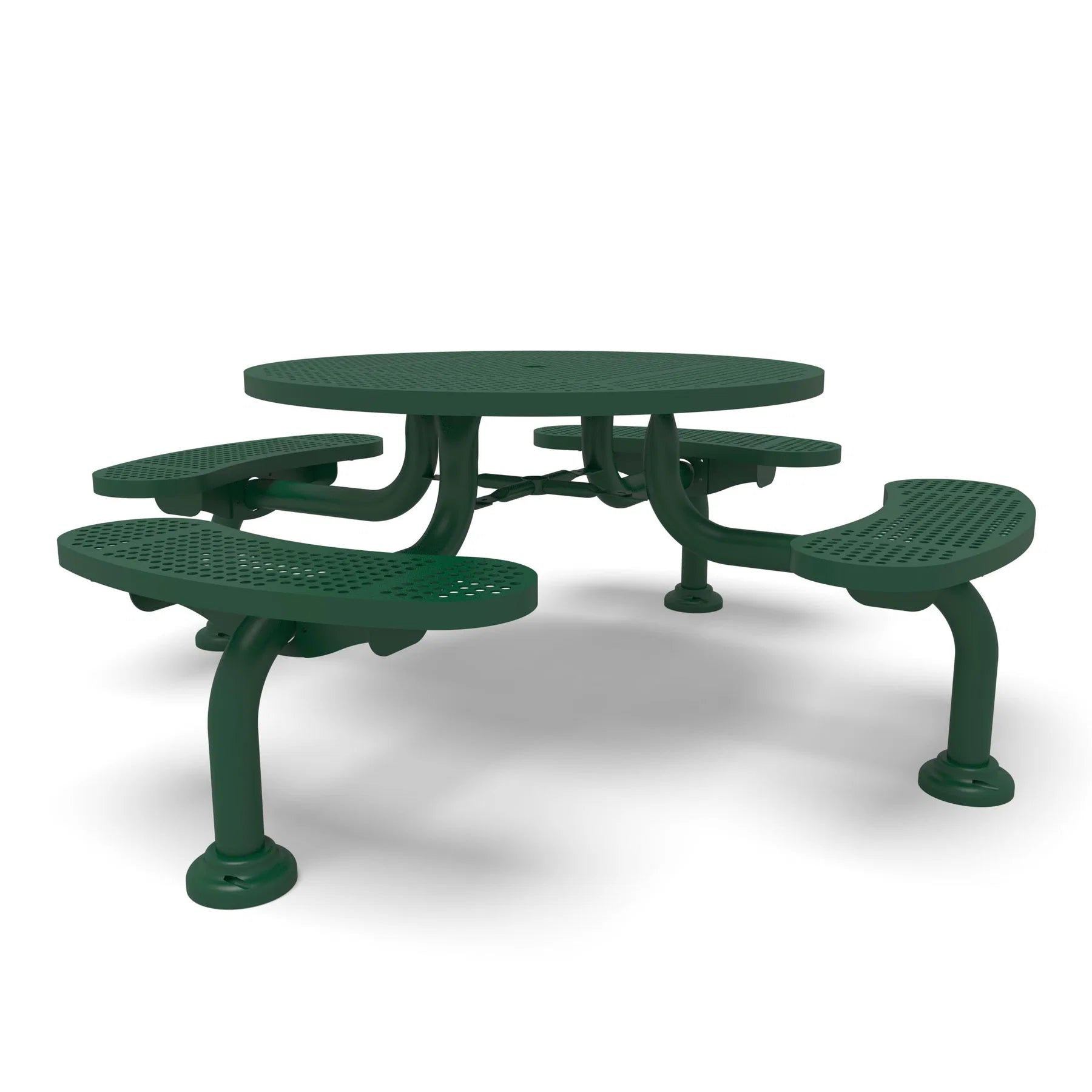 Green Wabash Valley Spyder Round Picnic Table, Perforated plastisol coated steel, 4 attached seats, model SY110P, round picnic table with attached benches