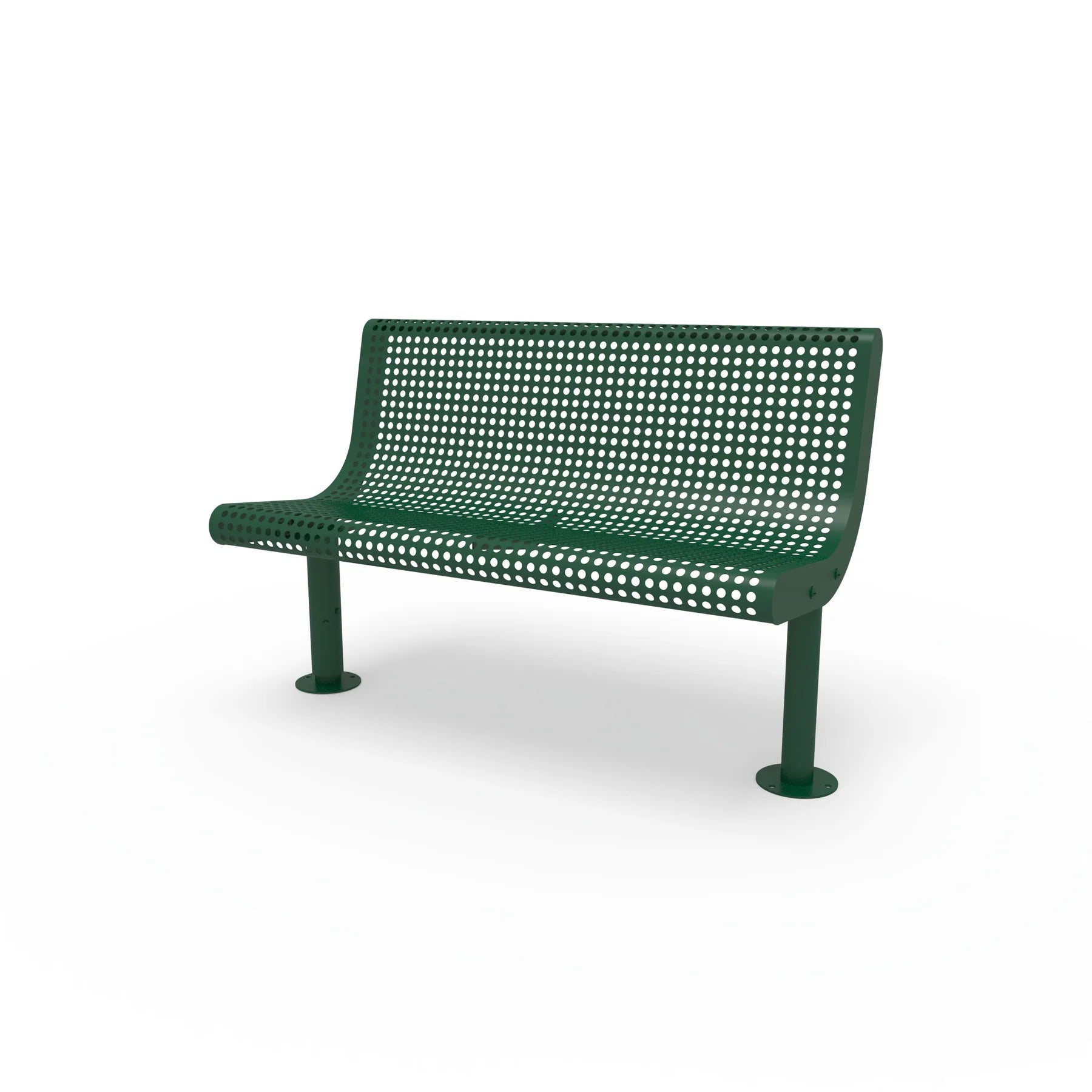 Green Wabash Valley Steel Transit Bench, No Armrests, 4 ft perforated steel seat and back on adjustable surface mount legs, model TR310P, sidewalk bench