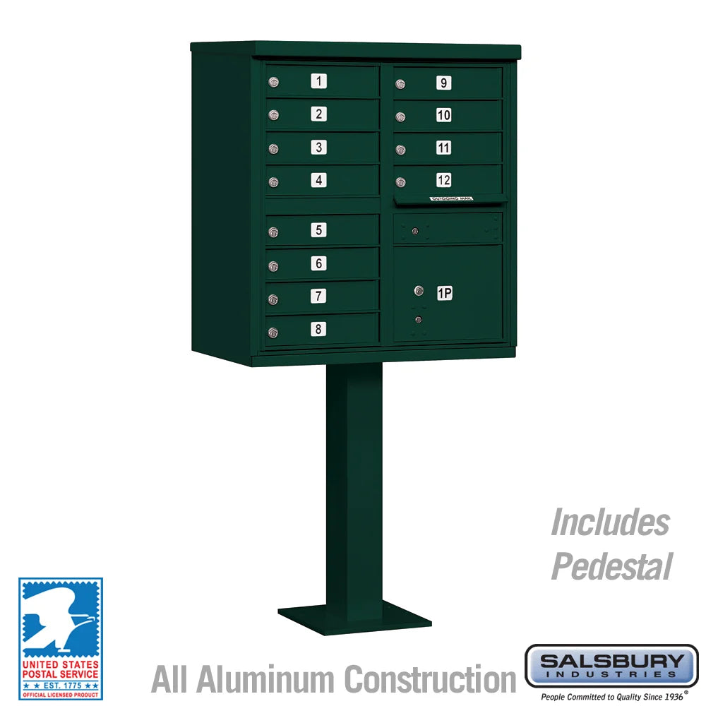 Green Salsbury USPS Mailbox Cluster Unit with 12 Doors and Parcel Locker Studio Image.