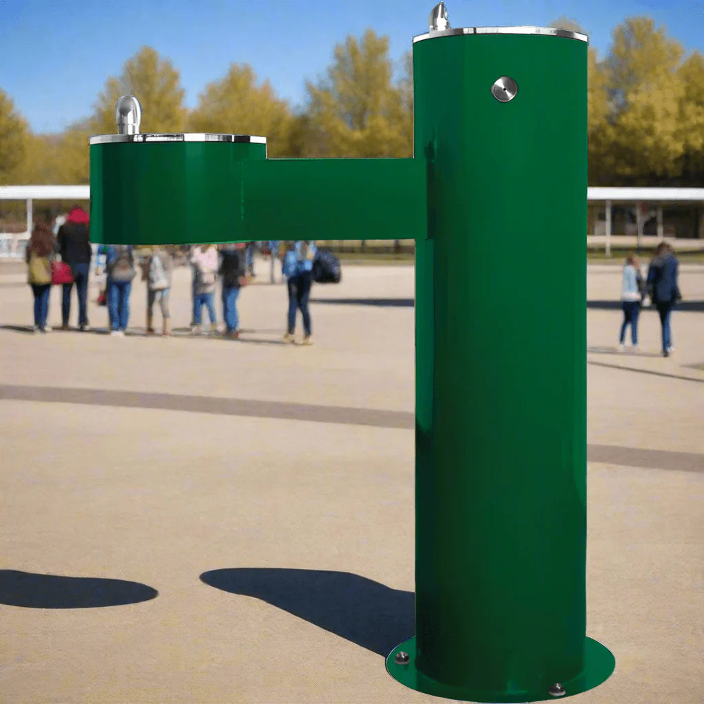 Green Willoughby Free-standing Double Drinking Fountain Side Access, Adult Height, No Dog Bowl Options with College kids in the background