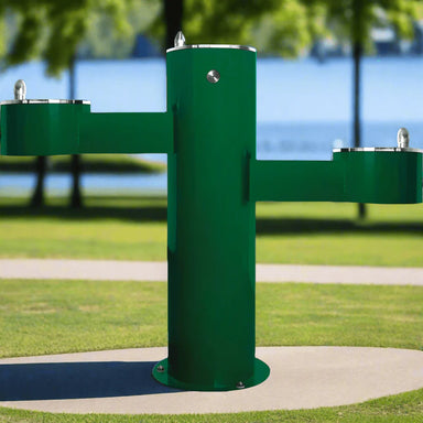 Green Willoughby Triple Height Drinking Fountain Side Approach in a park setting.
