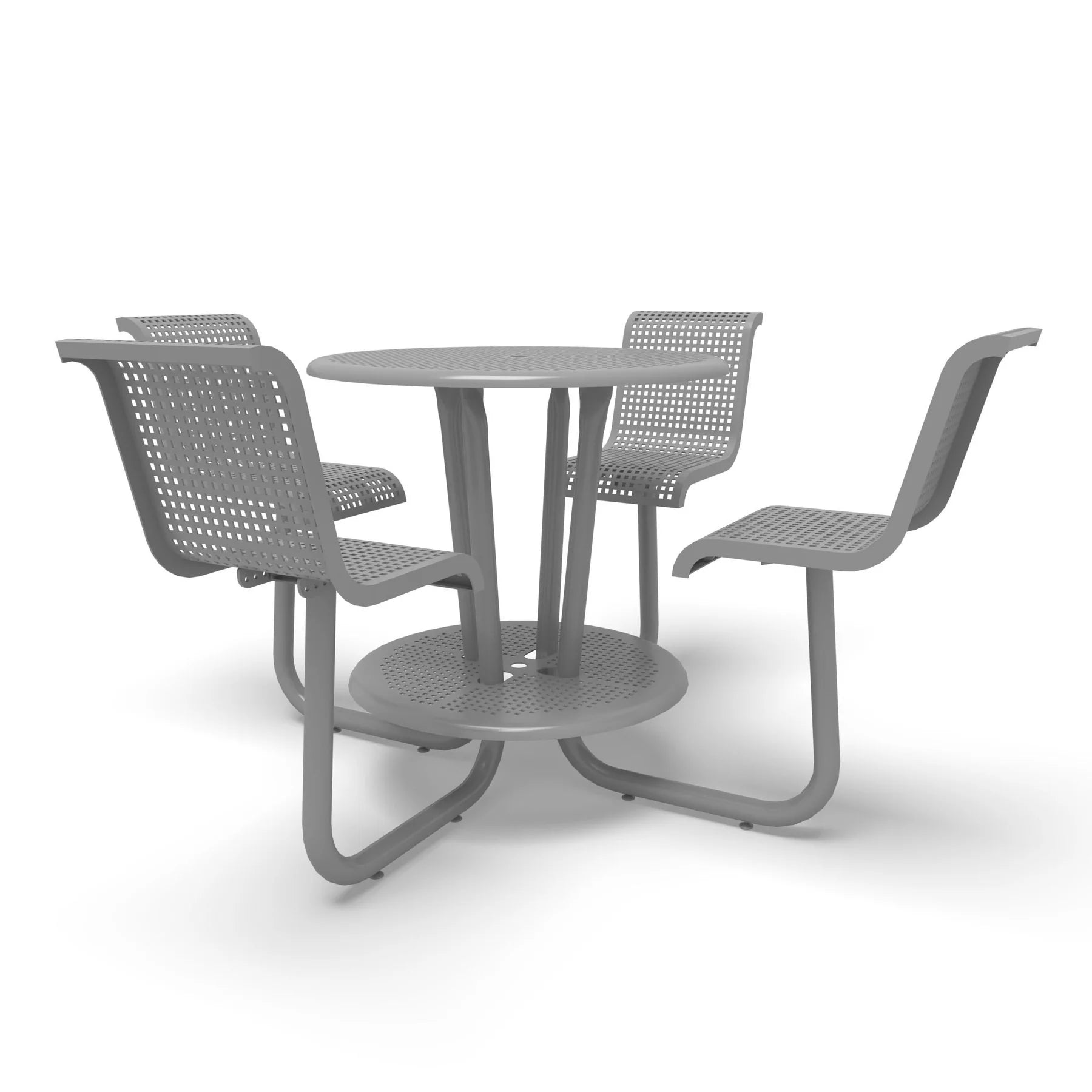 Grey Wabash Valley Camino Round Bar Height Table, perforated plastisol top at bar height, four seats with backs, foot ring, portable, model CM225Q, bar height picnic table