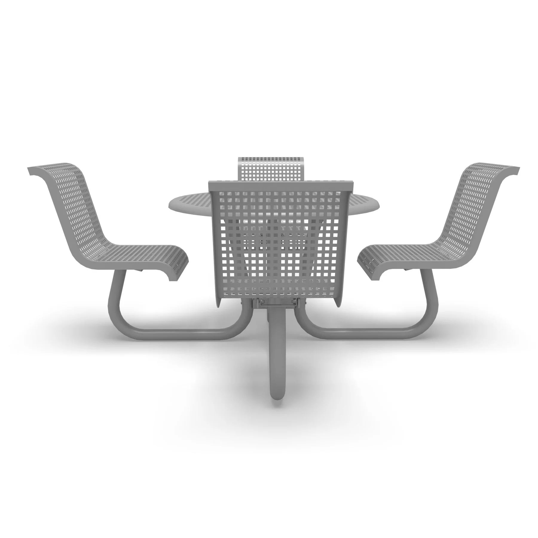 Grey Wabash Valley Camino Round Dining Table, Standard, perforated plastisol top, four seats with backs, portable, model CM221Q, outdoor restaurant furniture