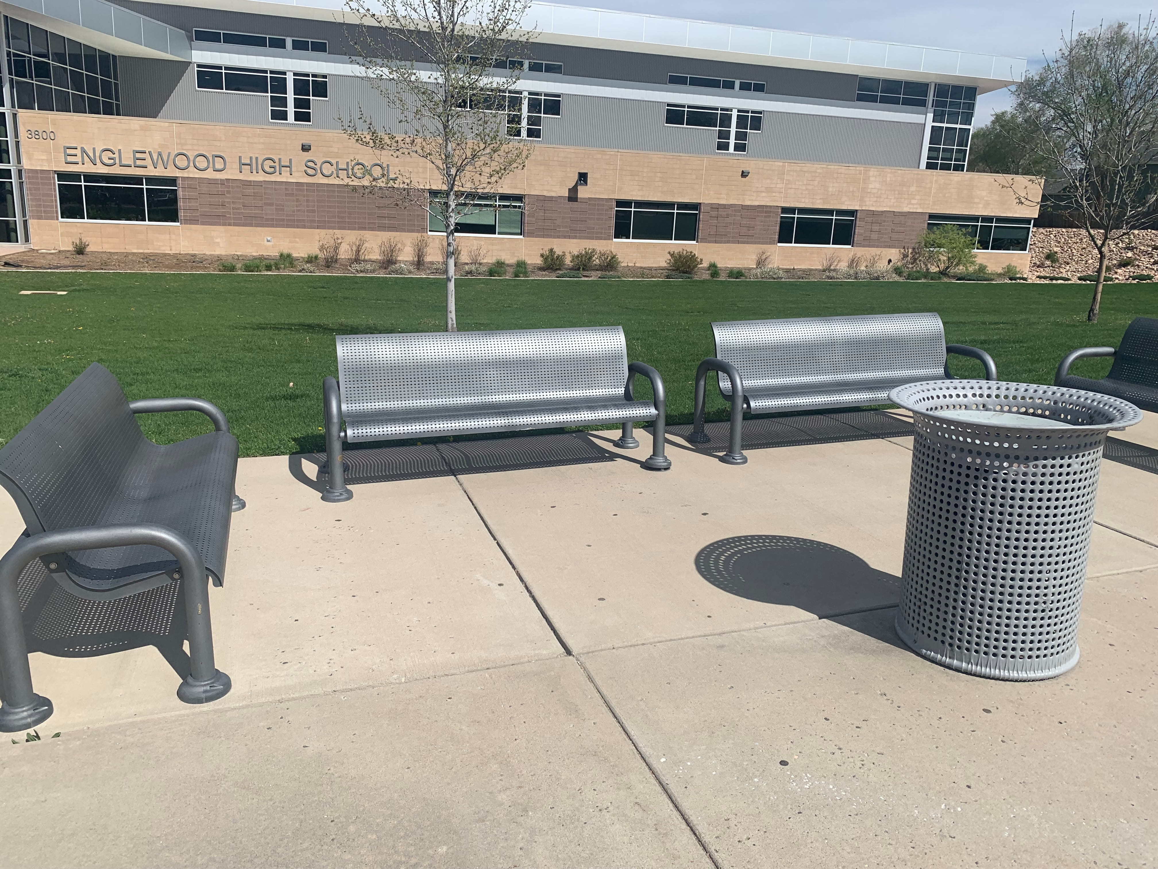 Group of Silver Wabash Valley Contemporary Steel Benches with Wabash Valley Flared Commercial Trash Receptacle