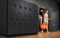 Gym Locker Room Full of Black Salsbury 2-Door 2 Tier Designer Wood 'S' Style Lockers