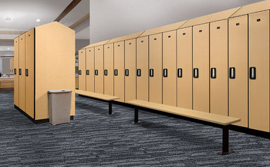 Gym Locker Room Full of Maple Salsbury 3-Door Single Tier Designer Wood Lockers