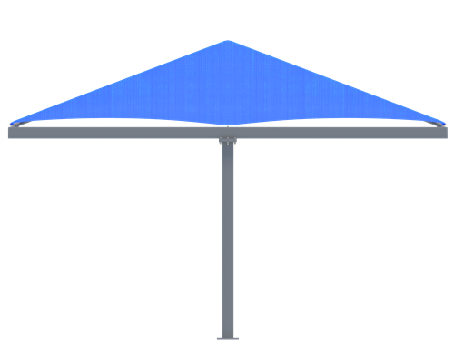 Blue USA Shade Hip T-Cantilever Shade with a gray stand on a white background