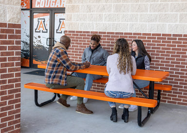 Orange MyTCoat Rectangular Portable Picnic Table with People Sitting and School Background Lifestyle Image