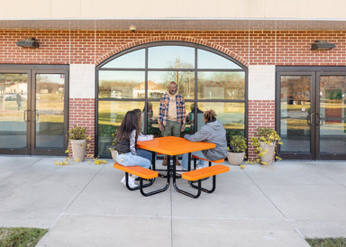 Orange MyTCoat Square Portable Picnic Table with School Background and People Sitting with Teacher