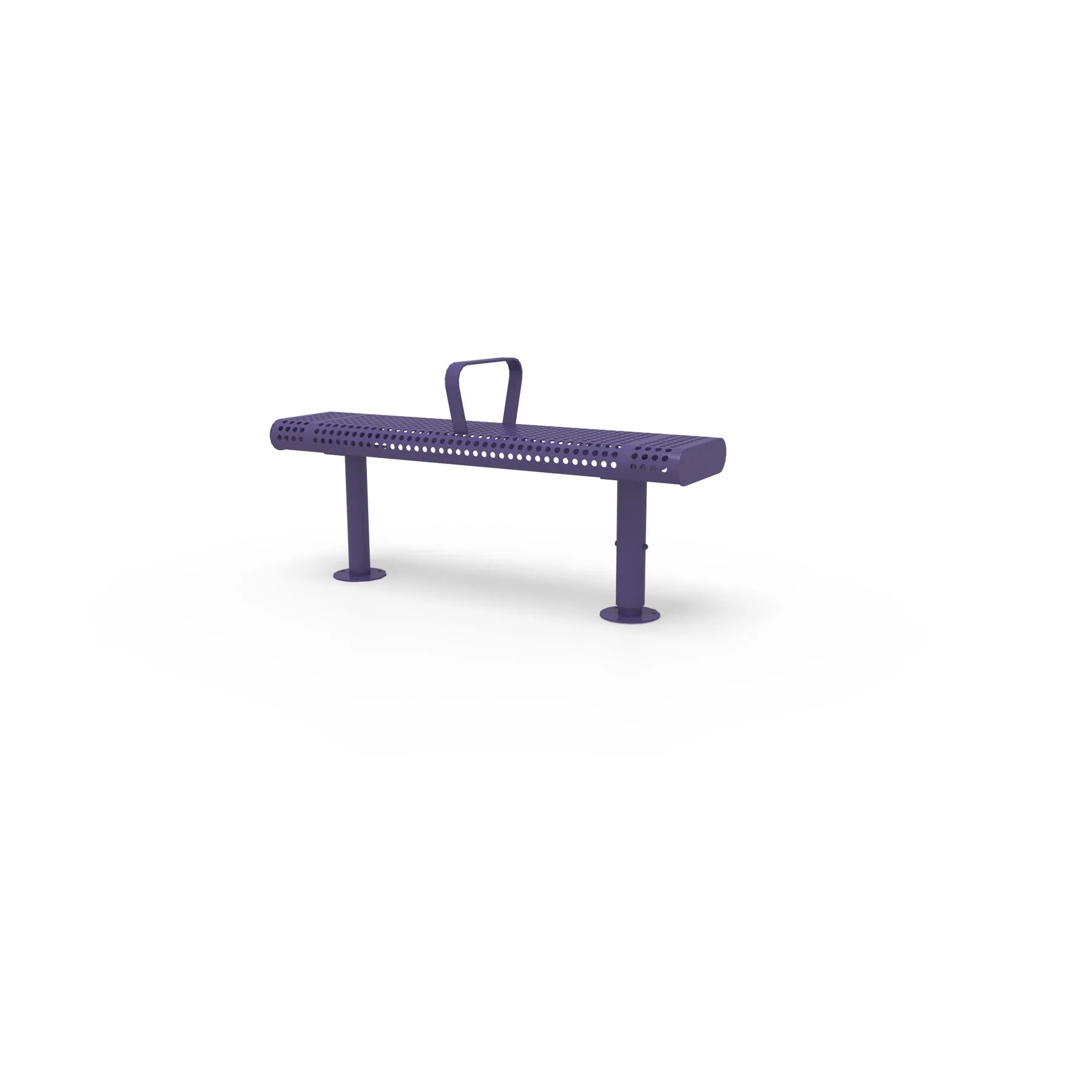 Purple Wabash Valley Backless Transit Bench, 1 Armrest, 4 ft perforated steel seat on adjustable surface mount legs, model TR201P, 4 ft bench