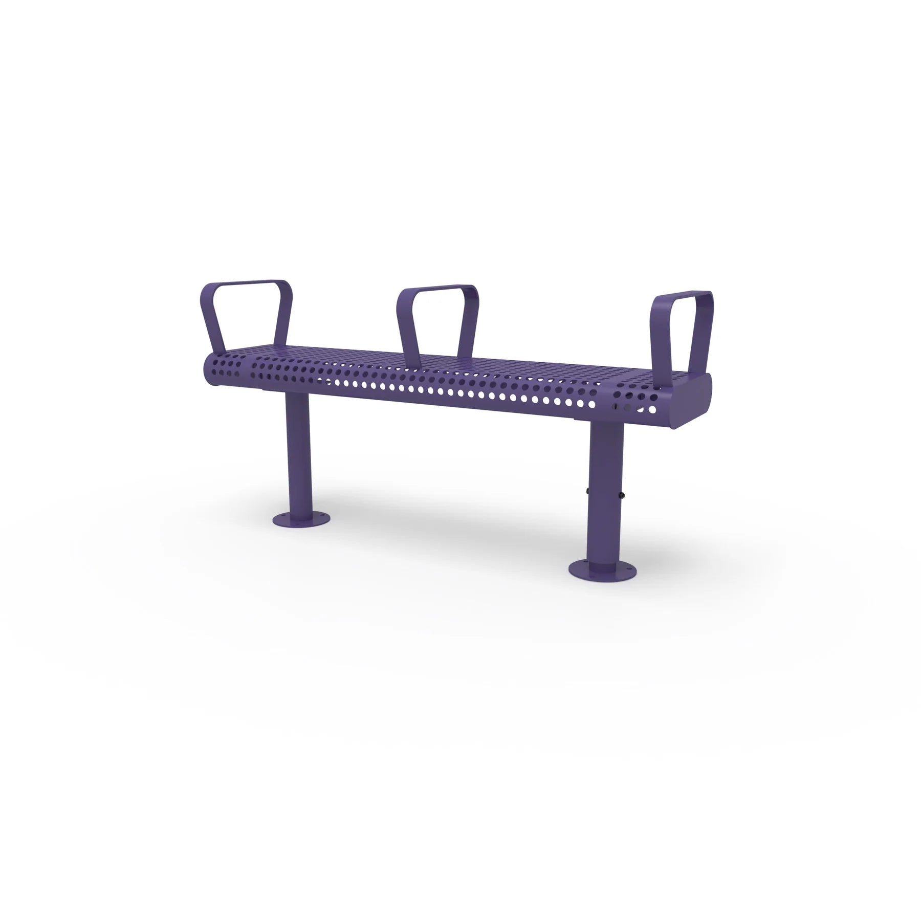 Purple Wabash Valley Backless Transit Bench, 3 Armrests, 4 ft perforated steel seat on adjustable surface mount legs, model TR202P, bus shelter bench
