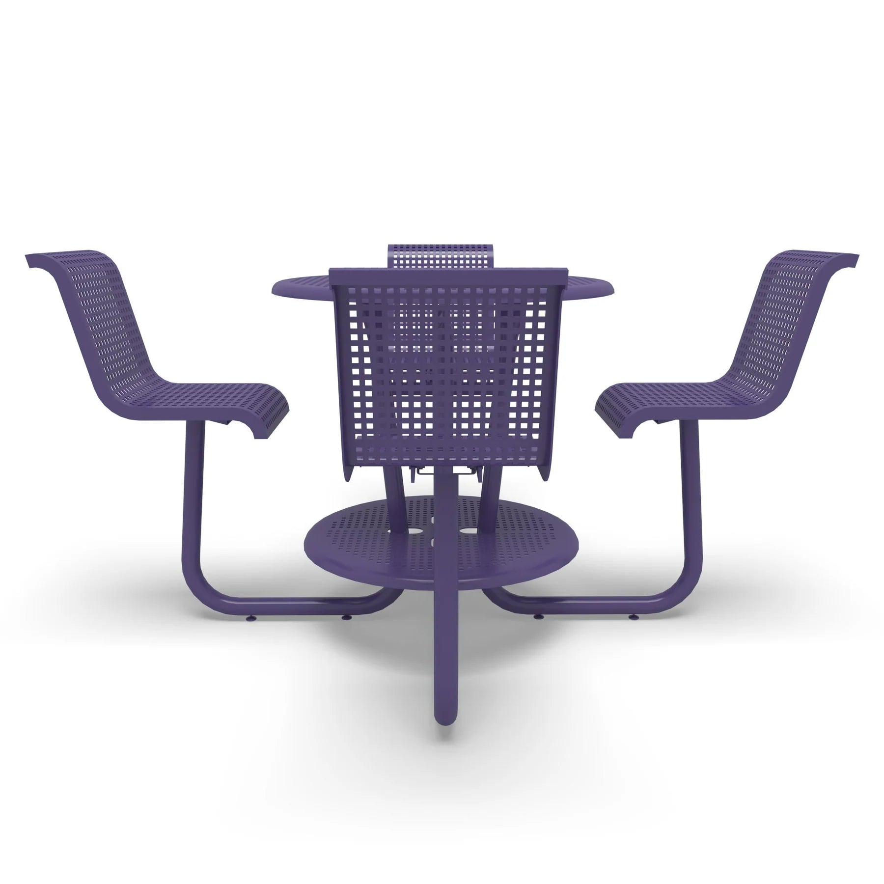 Purple Wabash Valley Camino Round Bar Height Table, perforated plastisol top at bar height, four seats with backs, foot ring, portable, model CM225Q, high top picnic table