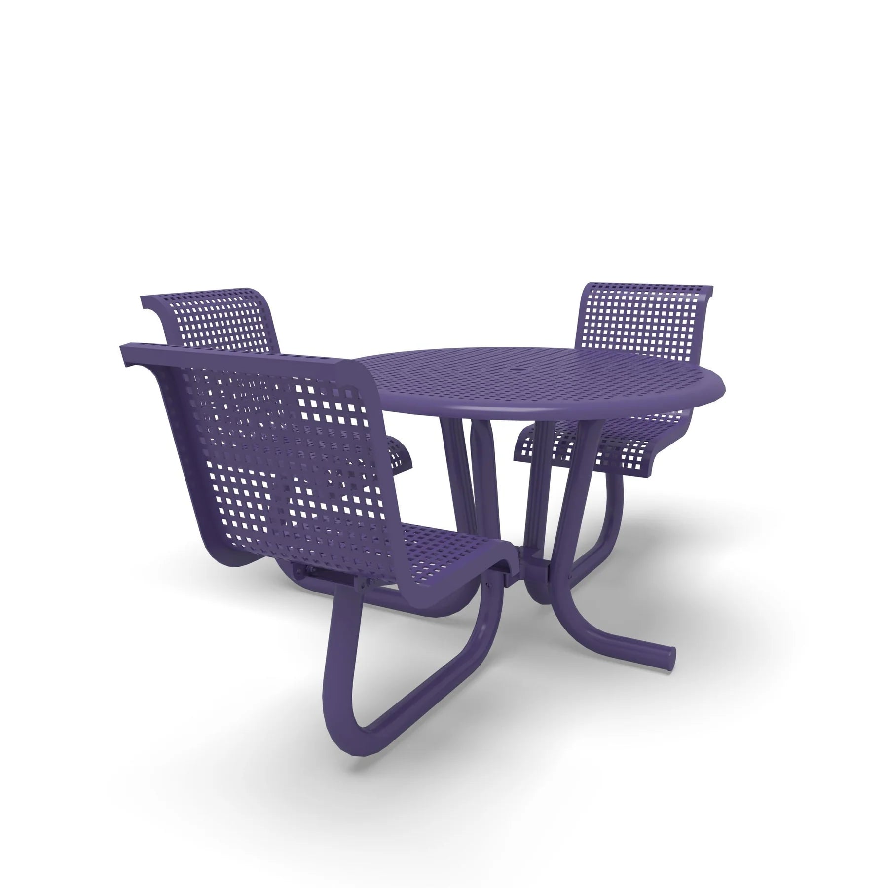 Purple Wabash Valley Camino Round Dining Table, ADA Accessible, perforated plastisol top, three seats with backs, wheelchair side, surface mount, model CM230Q, ada dining table