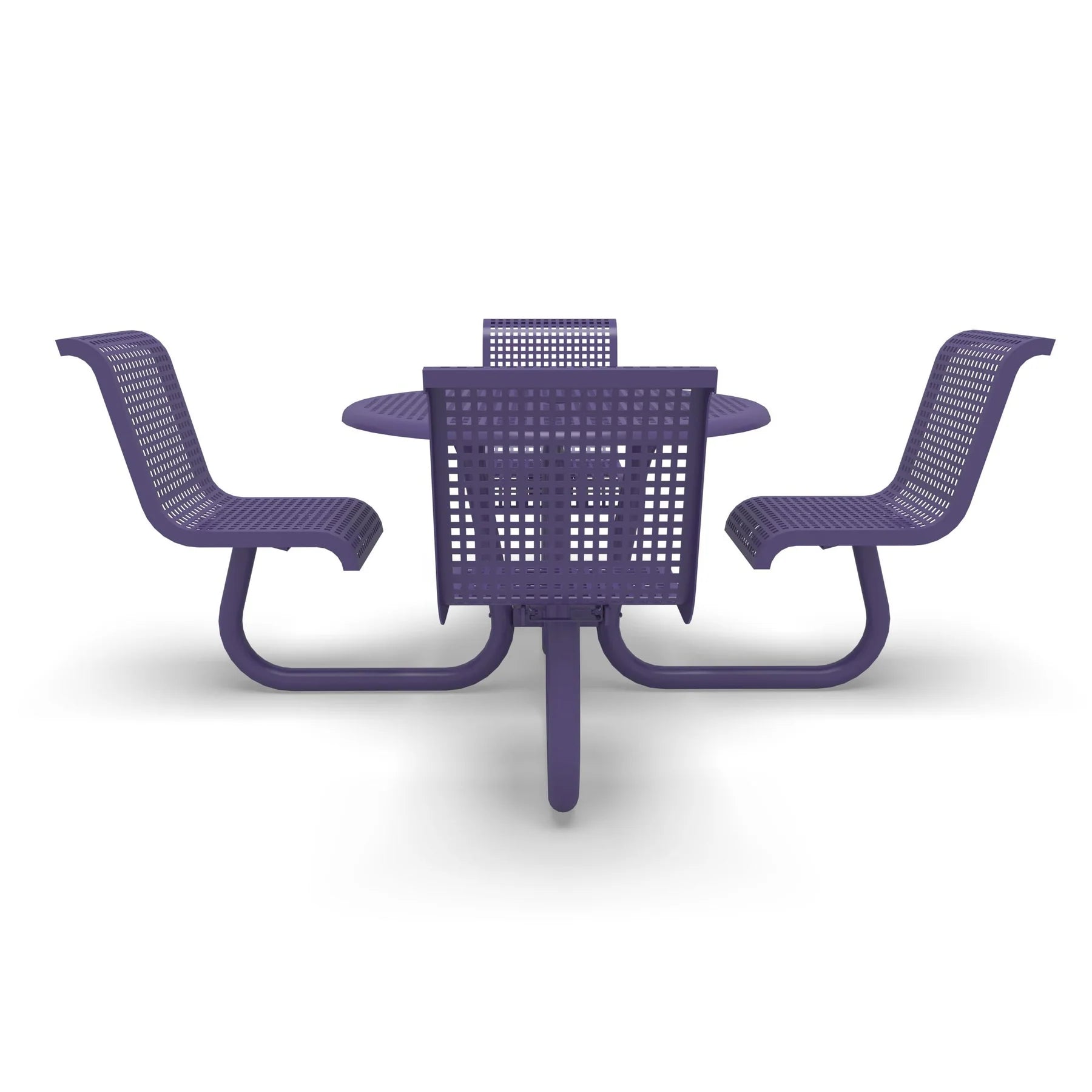 Purple Wabash Valley Camino Round Dining Table, Standard, perforated plastisol top, four seats with backs, portable, model CM221Q, outdoor restaurant furniture