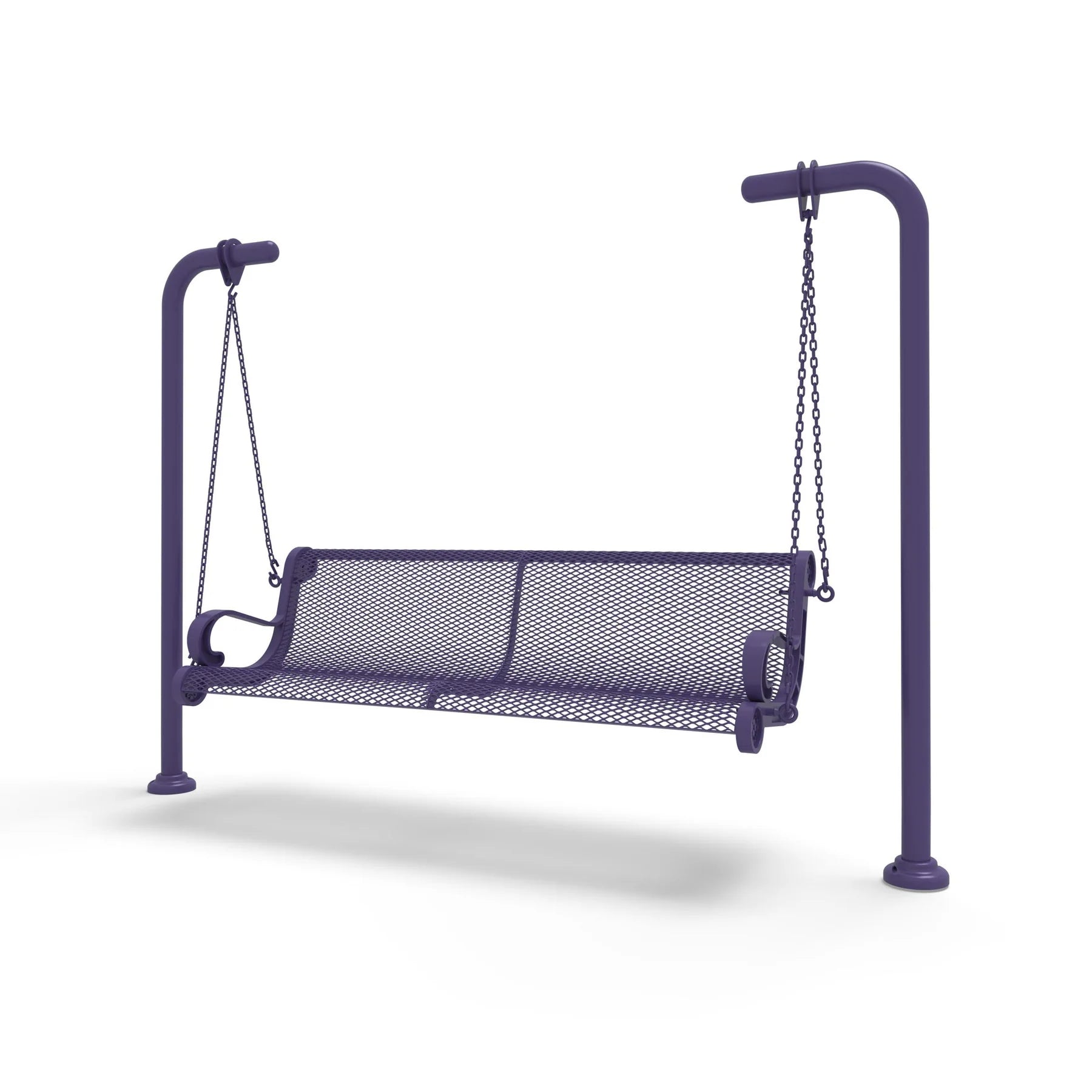 Purple Wabash Valley Estate Diamond Swing Bench, plastisol-coated steel seat on inground posts, commercial swing for parks and campuses