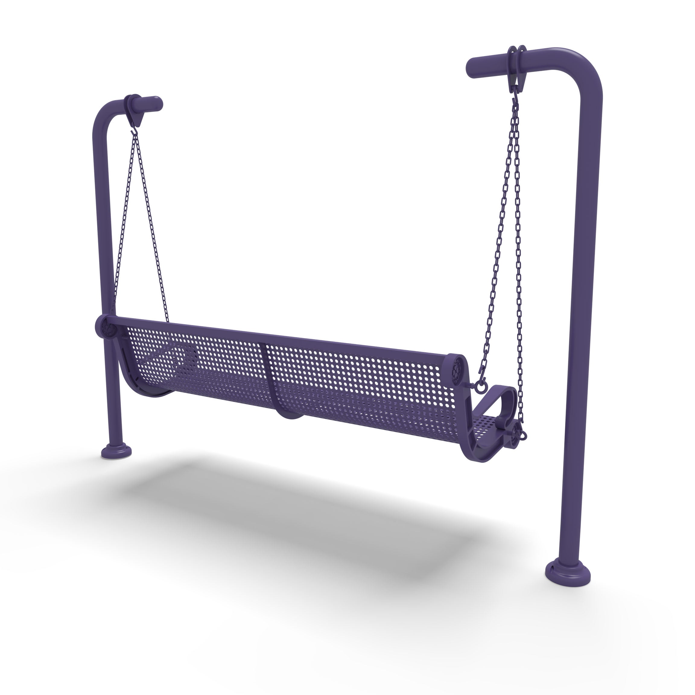 Purple Wabash Valley Estate Perforated Swing Bench, back side angle, plastisol-coated steel seat on inground posts, metal swing bench