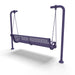 Purple Wabash Valley Estate Perforated Swing Bench, back side angle, plastisol-coated steel seat on inground posts, metal swing bench