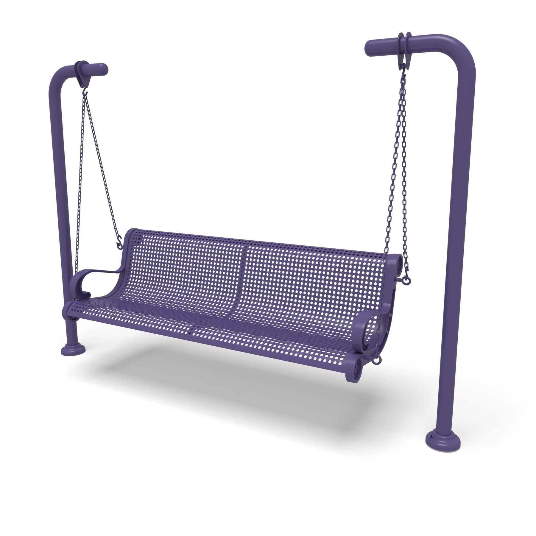Purple Wabash Valley Estate Perforated Swing Bench, plastisol-coated steel seat on inground posts, patio swing bench