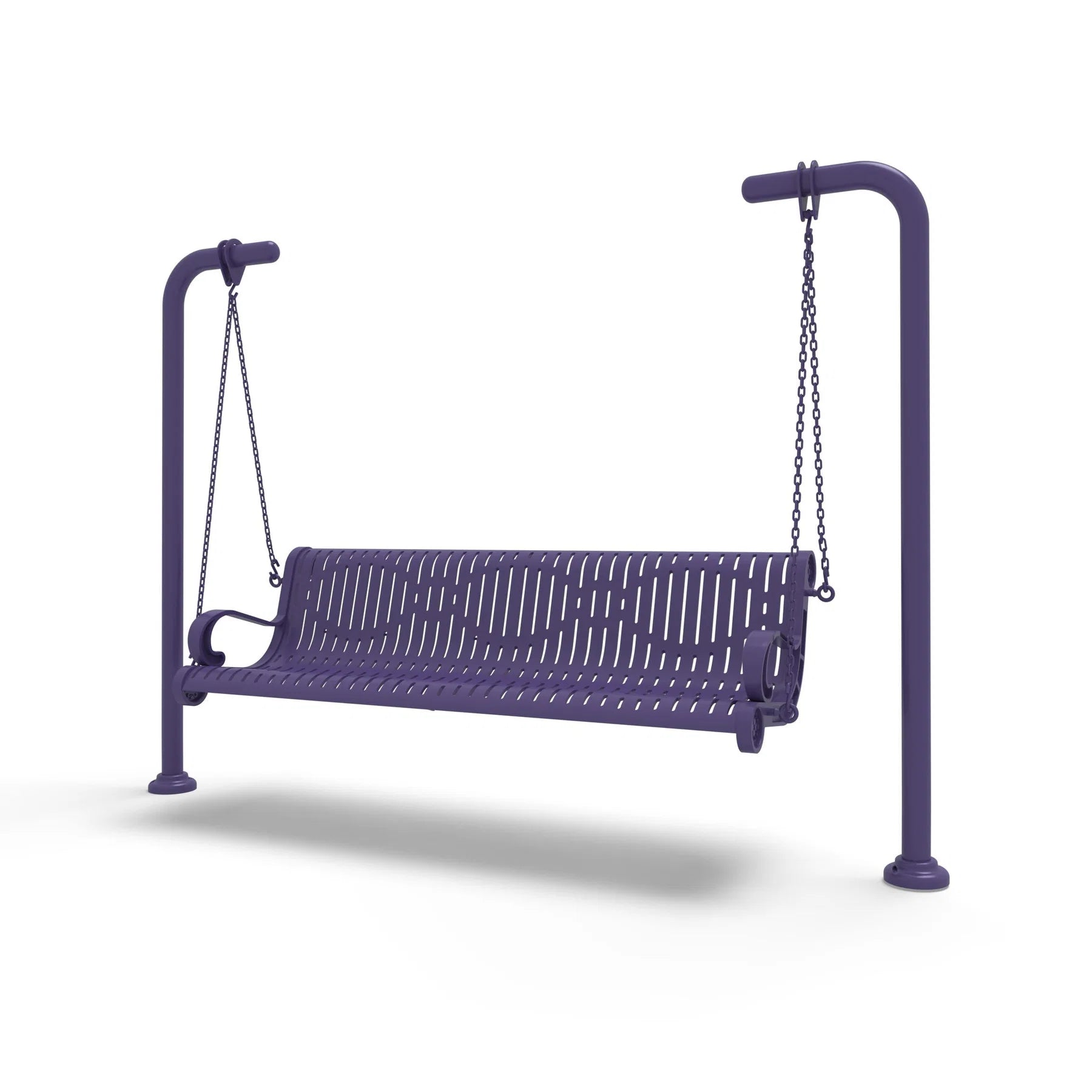Purple Wabash Valley Estate Ribbed Swing Bench, plastisol-coated steel seat on inground posts, metal swing bench