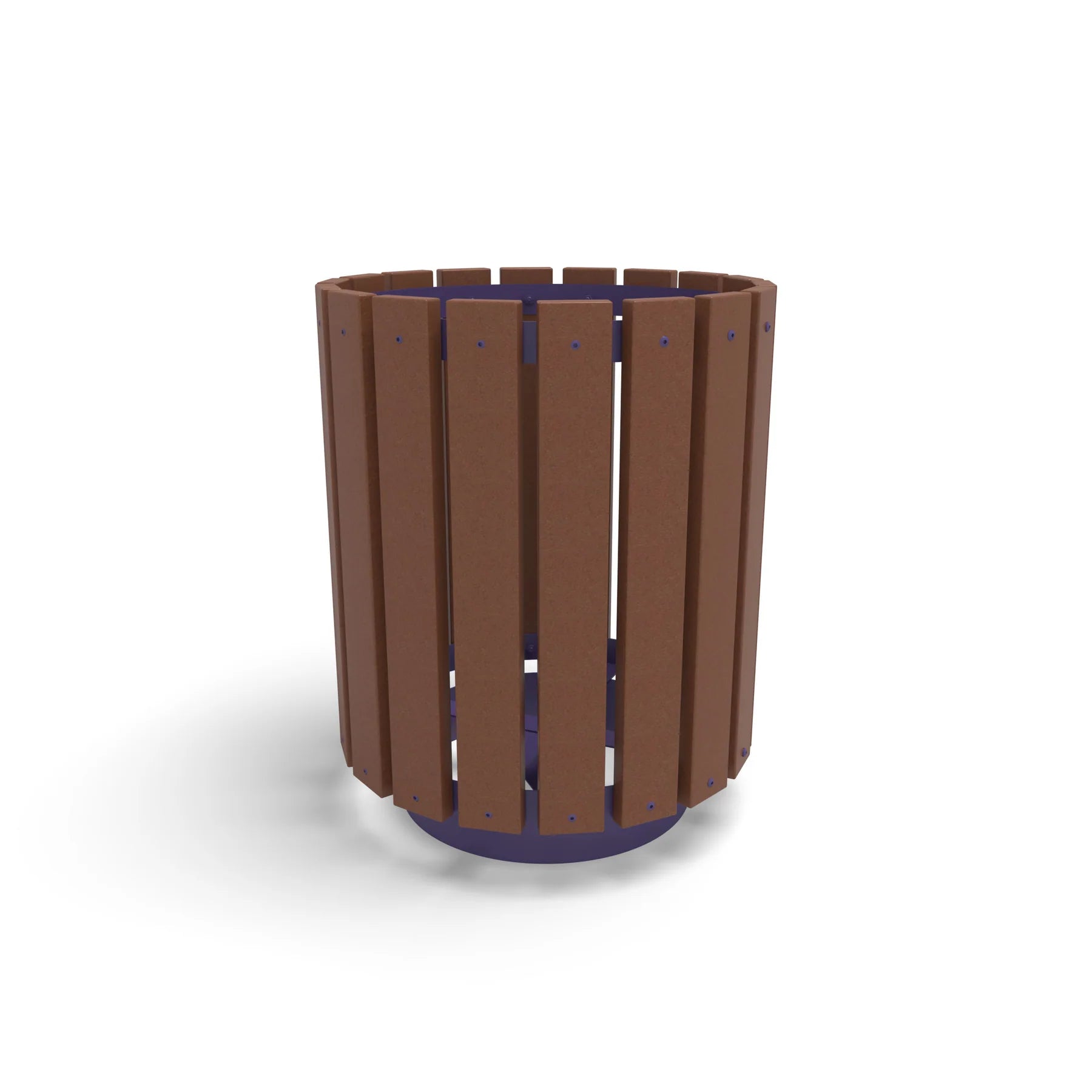 Purple Wabash Valley Rinnova Trash Receptacle, Cedar Slats, recycled plastic planks on a purple powder-coated steel frame, model RV300G, recycled plastic trash can