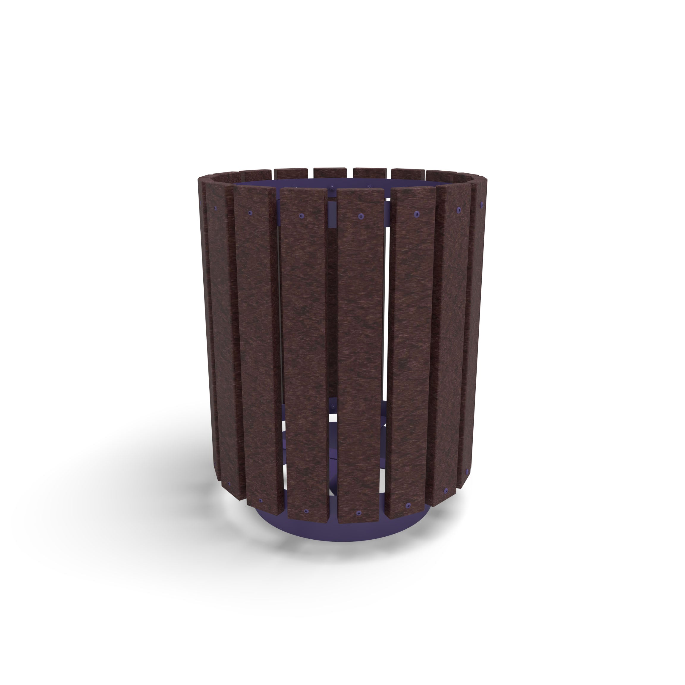 Purple Wabash Valley Rinnova Trash Receptacle, Milwaukee Brown Slats, recycled plastic planks on a purple powder-coated steel frame, model RV300G, recycled plastic trash can
