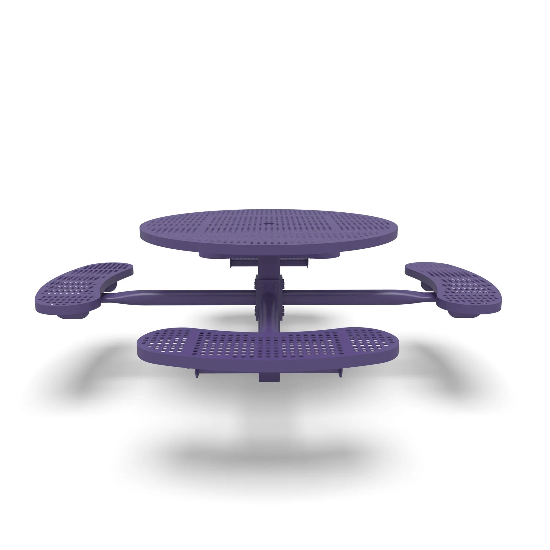 Purple Wabash Valley Signature Round Pedestal Picnic Table, Perforated, Standard - 4 Seats - Inground, in plastisol-coated steel, model SG245P, round outdoor dining table for 4